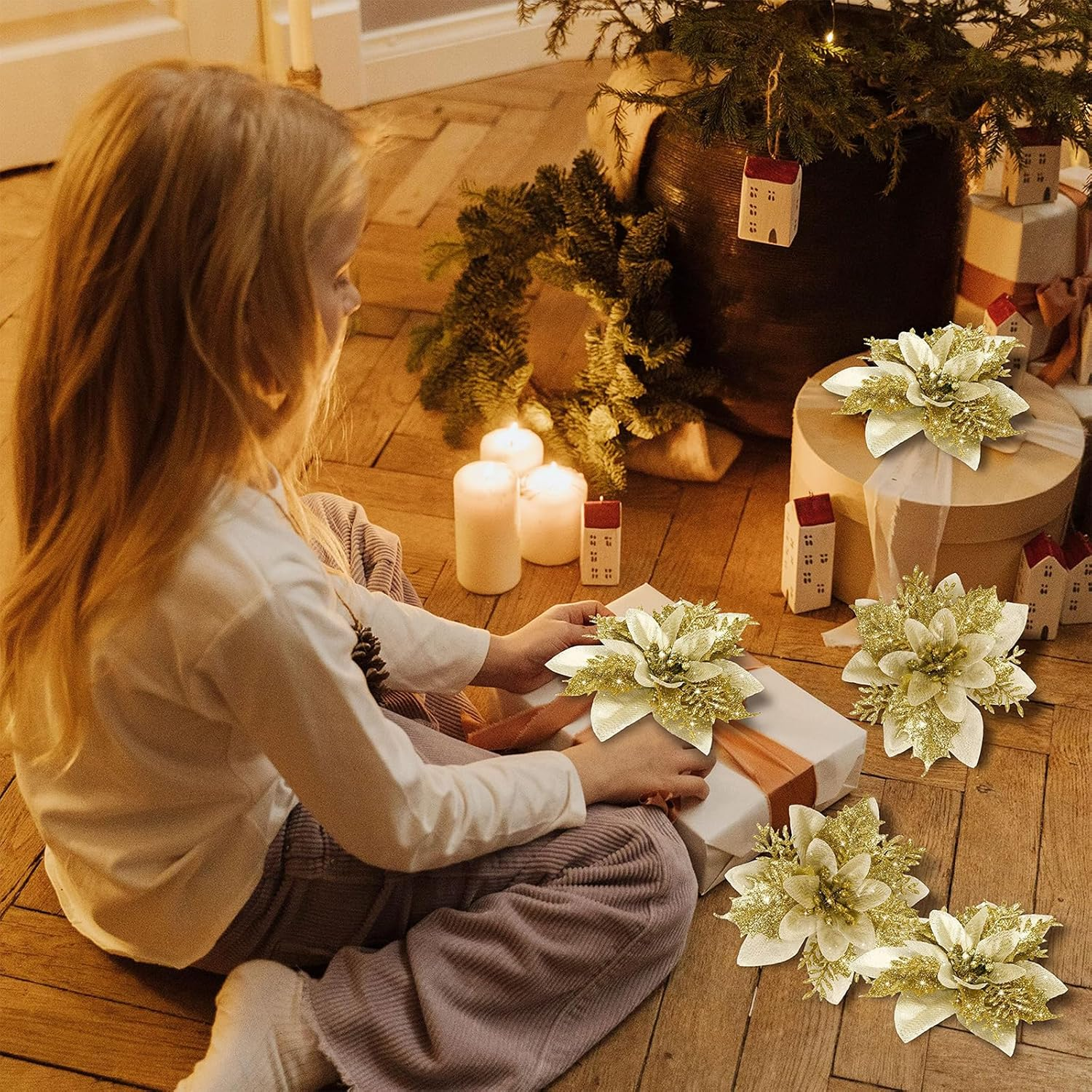 CQLITI 20PCS Artificial Poinsettia with Clips, 5M LED Light, Christmas Decor, Glitter Poinsettia, Red, Plastic, Flowers, Christmas Tree, Wreath, DIY, Xmas, Holiday, Home, Party Decor