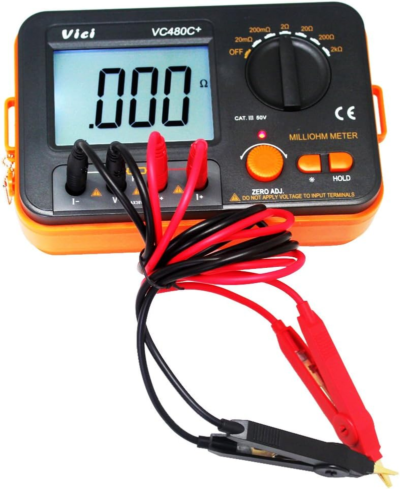 Aidetek VC480C Precision Milliohm Meters 4 Wire Kelvin Clip 0 Adjust Large LCD Backlit LCD Data Hold Manual Zero Display Adjust with Calibration Certificate image number 1