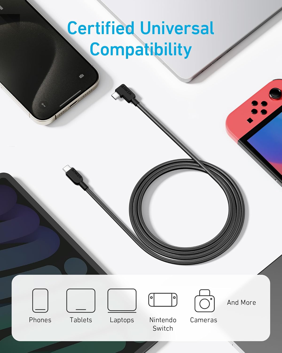 Anker USB C to USB C Right Angle Cable, 240W 90 Degree Type-C Braided Charging Cord for Iphone 17 Series and More (2Pack 6FT Black) image number 1
