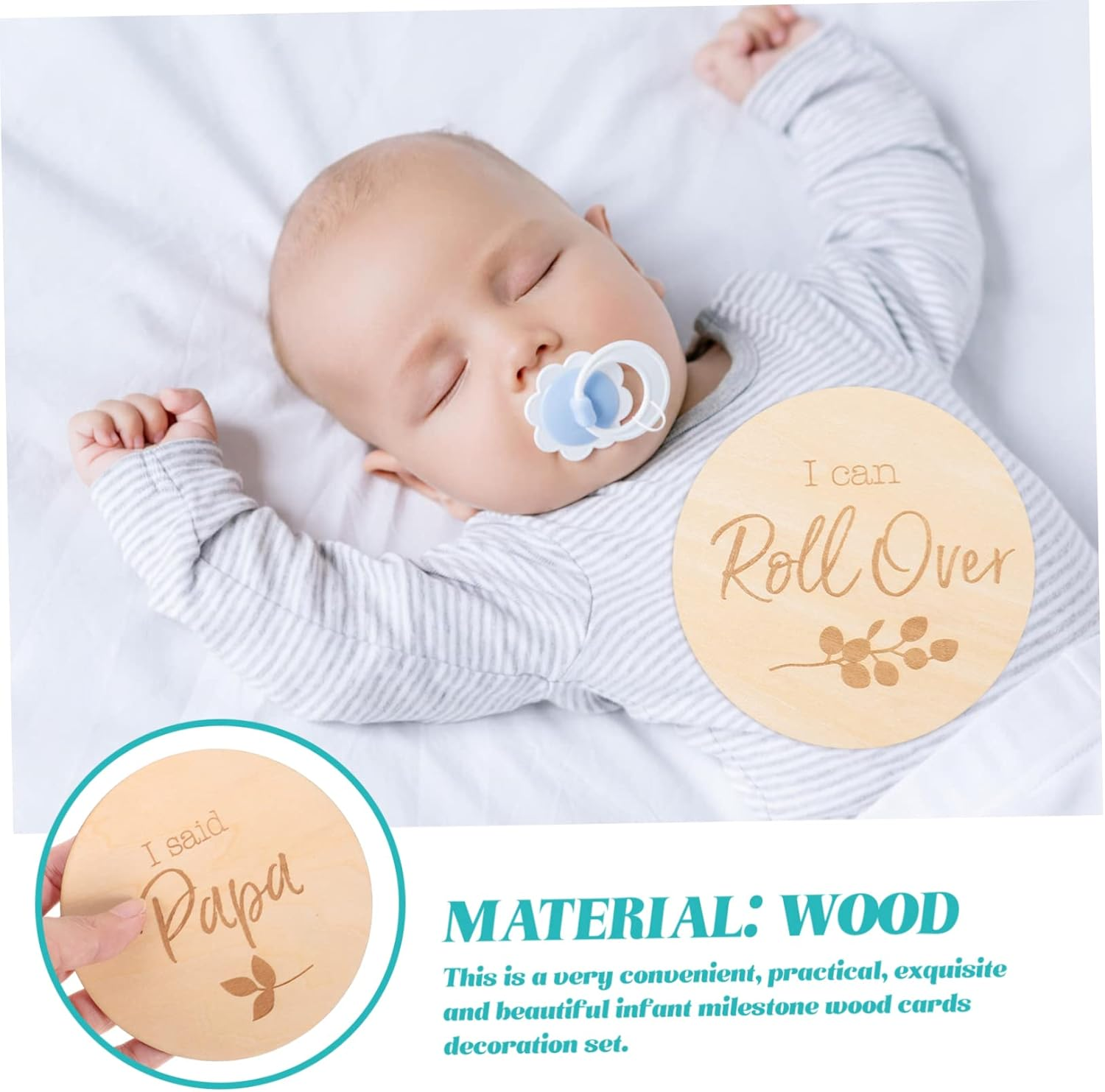 UPKOCH 12Pcs Wooden Milestone Cards for Newborn Growth Journey Milestone Discs for Monthly Photo Props Memory Keepsakes for Documenting First Year image number 6