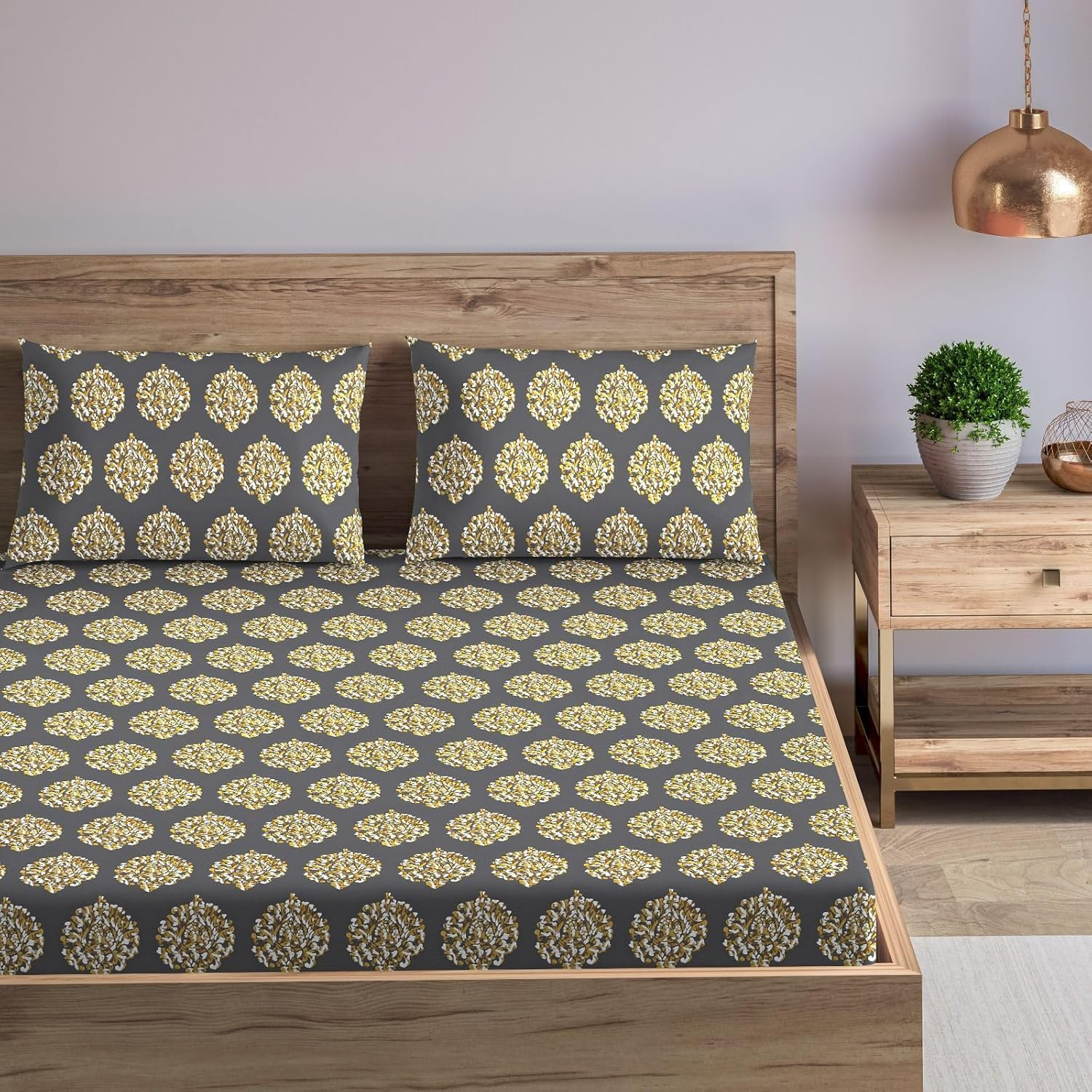 Trance Home Linen 200TC 100% Cotton Queen Size Printed Bedsheet | Bedding Set of Queen Size Flat Bed Cover with 2 Pillow Covers (86X104 Inch | 7.1Ft X 8.6Ft - Damask Warm Grey Mustard) image number 2