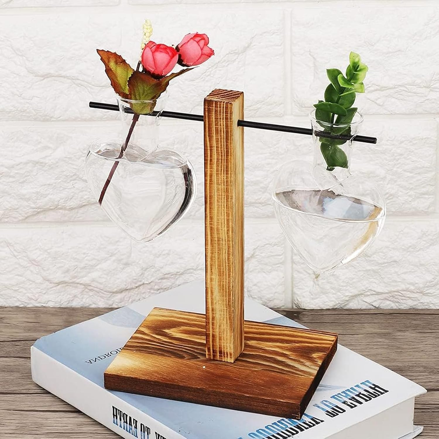Glass Plant Terrarium with Wooden Stand,Creative Double Heart Glass Hydroponic Vases for Desktop Planter Bud Hydroponic Plant Home Garden Office Decoration (B) - A image number 7