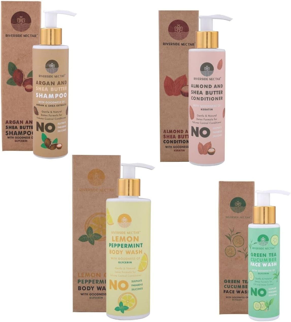 Riverside Nectar Pack of 4 Argan Shea Butter Shampoo Almond Shea Butter Keratin Conditioner Green Tea Cucumber Extract Face Wash Lemon Peppermint Body Wash Skin and Anti-Dandruff Hair image number 4