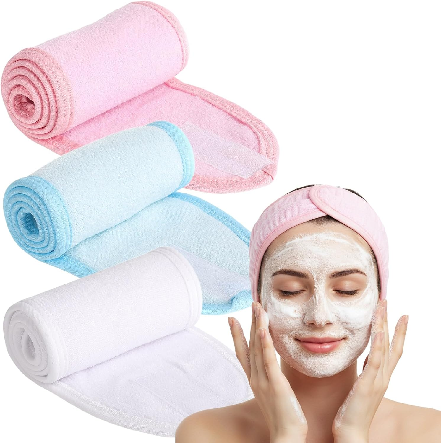 JYNXOR Women'S Cosmetic Hair Band, Hair Band, Make-Up Spa Headband, Terry Towelling Make-Up Hair Bands, Sweatband, Forehead, Adjustable Hair Protection Band with Fastening for Face Washing, Sports image number 2