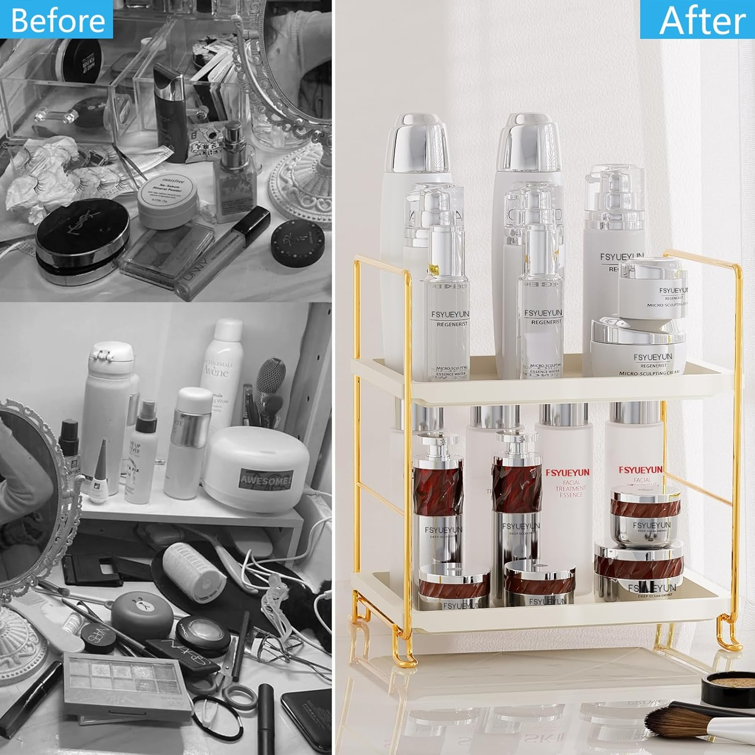 Fsyueyun 2-Tier Makeup Shelf Organizer, Kitchen Spice Rack or Bathroom Countertop Organizer Vanity Bedroom Storage Tray (Gold) - Gold image number 2