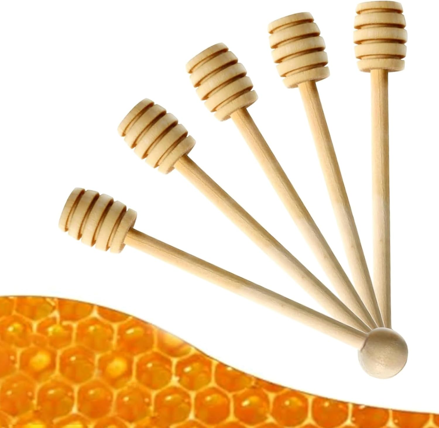 4PCS 16Cm Wooden Honey Dipper Set, Natural Wood Stirring Sticks for Honey, Syrup & Jam Dispensing, round Handle Honey Mixer & Drizzling Tool