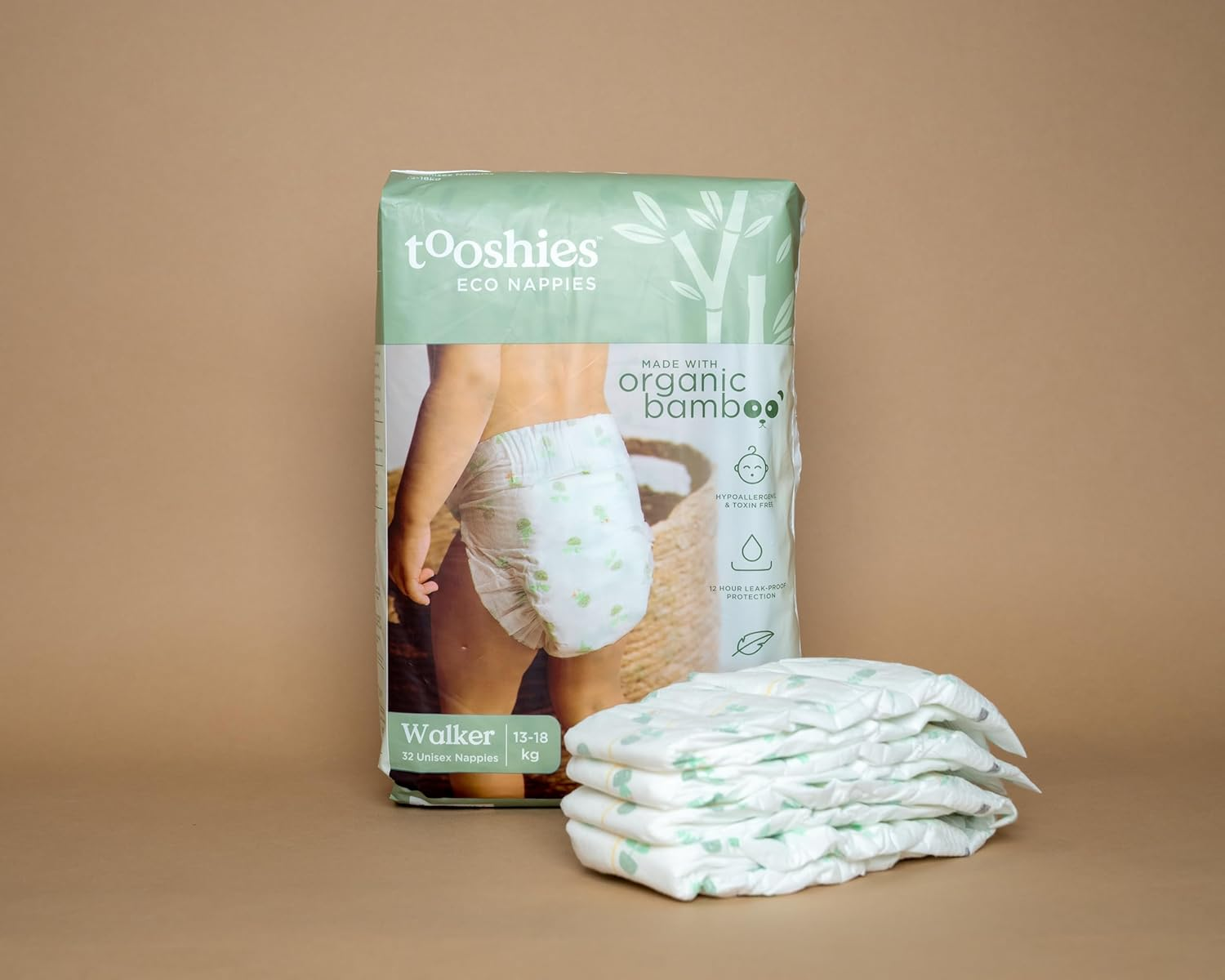 Tooshies Eco Nappies Size 5 Walker 13-18KG, 64 Count, White + Tooshies Aloe Vera & Chamomile Eco Wipes, Pack of 1120 (16X70 Packs) + Tooshies Biodegradable Nappy Bags 40Pk, Green image number 3