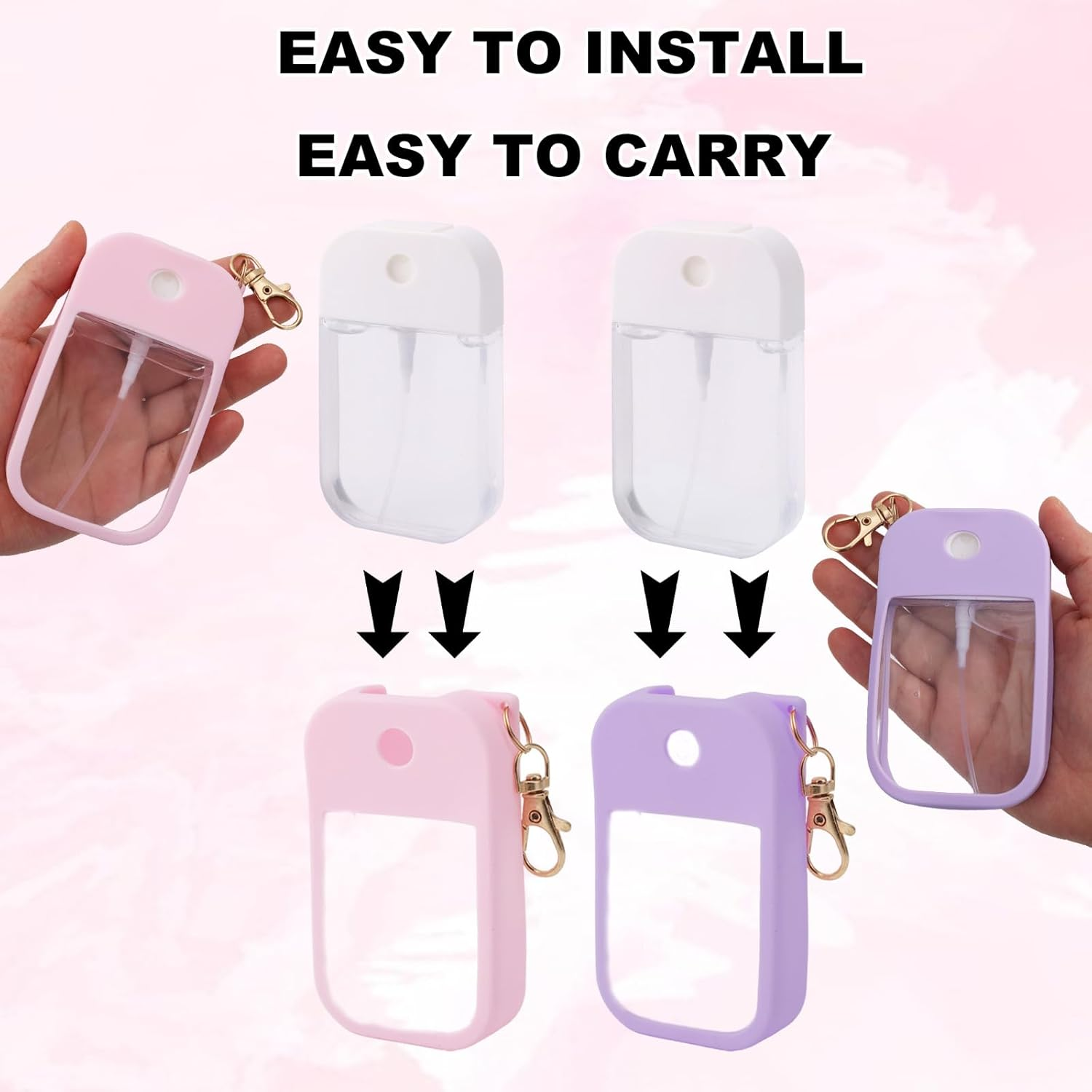 Lasuroa 2Pcs Hand Sanitizer Spray Case, Thickened Silicone Case Compatible with Touchland Hand Sanitizer Spray with Keychain for 1 Fl Oz Portable Accessory (Pink, Purple) image number 2