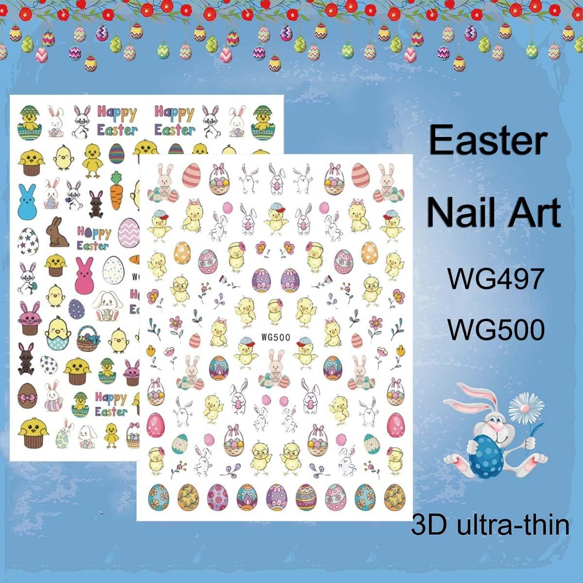 Easter Nail Art Stickers Decals, 3D Self-Adhesive Cartoon Bunny Egg Chicken Nail Decals for Women Girls Easter Day DIY Nail Decoration 6 Sheets - Purple image number 2