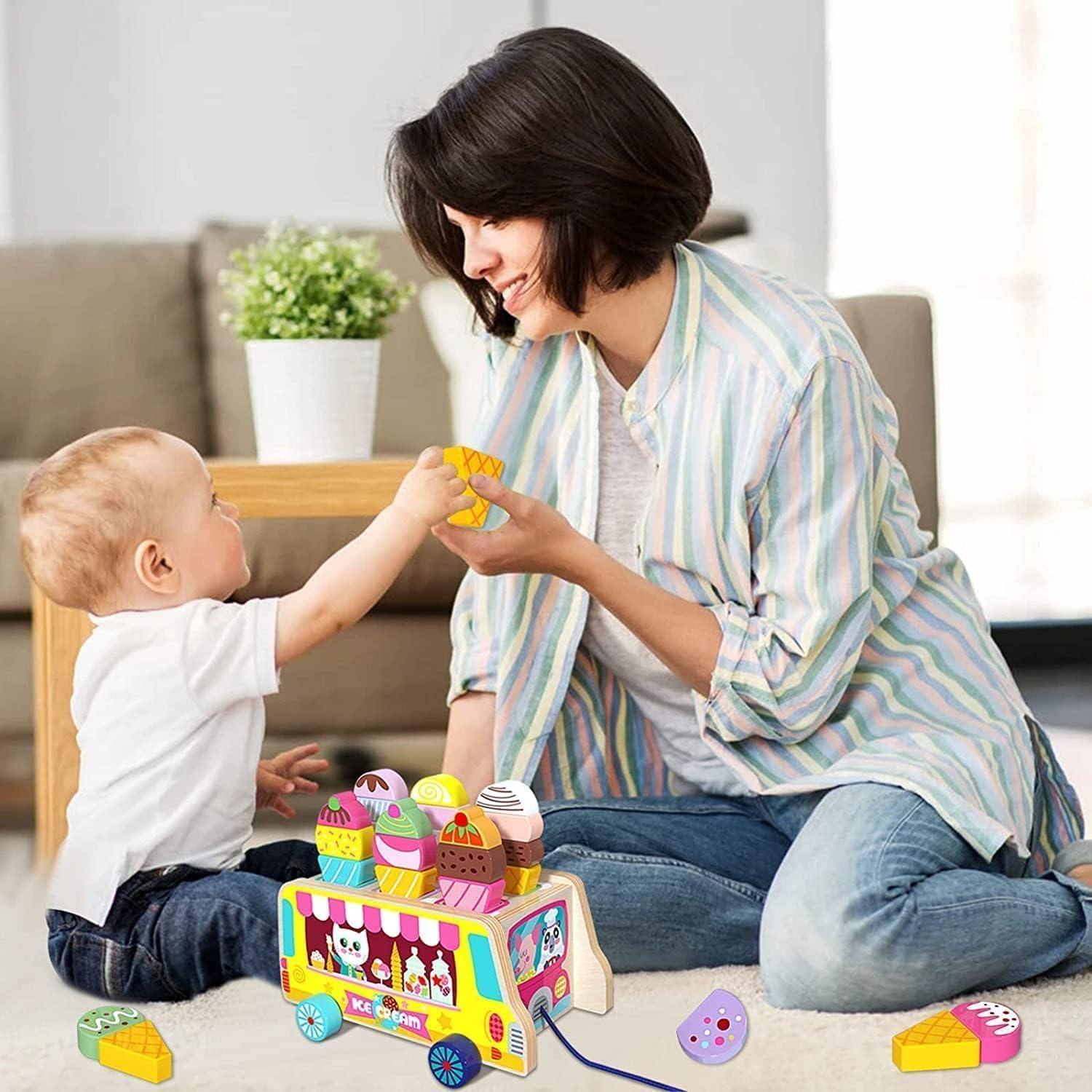 Wooden Toys Montessori Sorting & Stacking Toys for Toddler, Wooden Ice Cream Truck Magnetic Ice Cream Sweet Treats Pretend Play Food & Accessories for Baby Girls Boys Age 3+ Gift image number 6