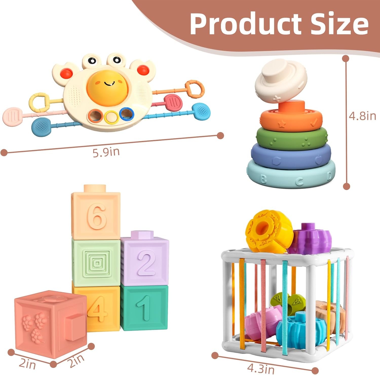 4 in 1 Montessori Baby Toys for Babies 6-18 Months,Pull String Teether, Infant Stacking Blocks, Sensory Shapes Storage Bin, Ideal Baby Boy Girl Gifts, Infant Toys 1 2 3 Year Old Boys Girls image number 5