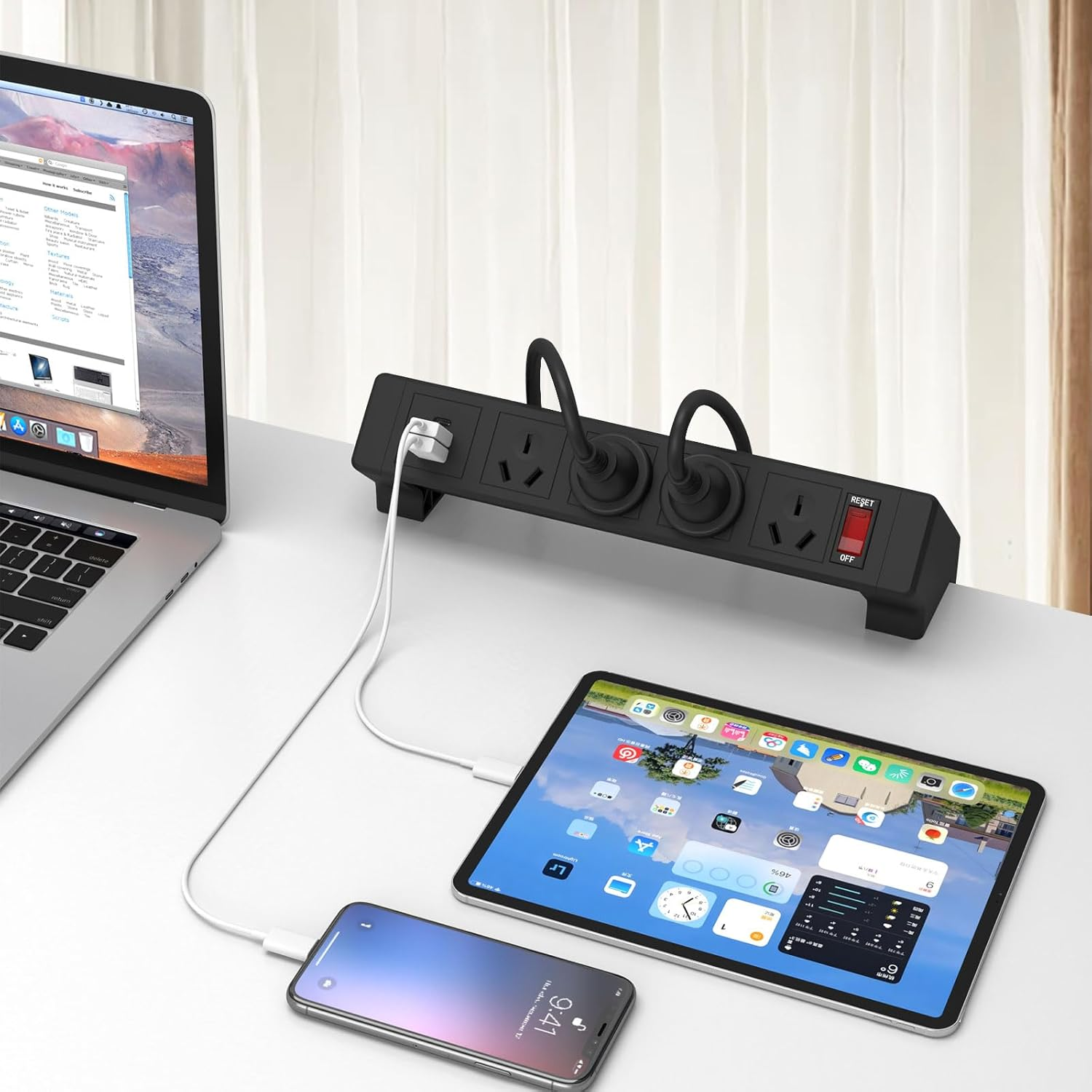 Desk Clamp Power Strip AU Plug, 4 AU Outlets, USB & Type-C Ports, Stable Dual-Clamp Desktop Edge Mount Computer Accessories for Desk Power Strip Clamp on Desk Shelf, Secure Desk Organizer, 1.8M Cable image number 5