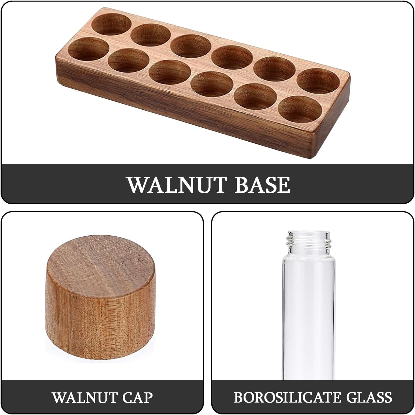 Coffee Bean Storage Tubes with One-Way Exhaust Valve and Airtight Lids, 12 Pack Single Dose Glass Coffee Bean Canisters with Walnut Solid Wood Base, Funnel, Spoon, 2Oz/60Ml image number 1