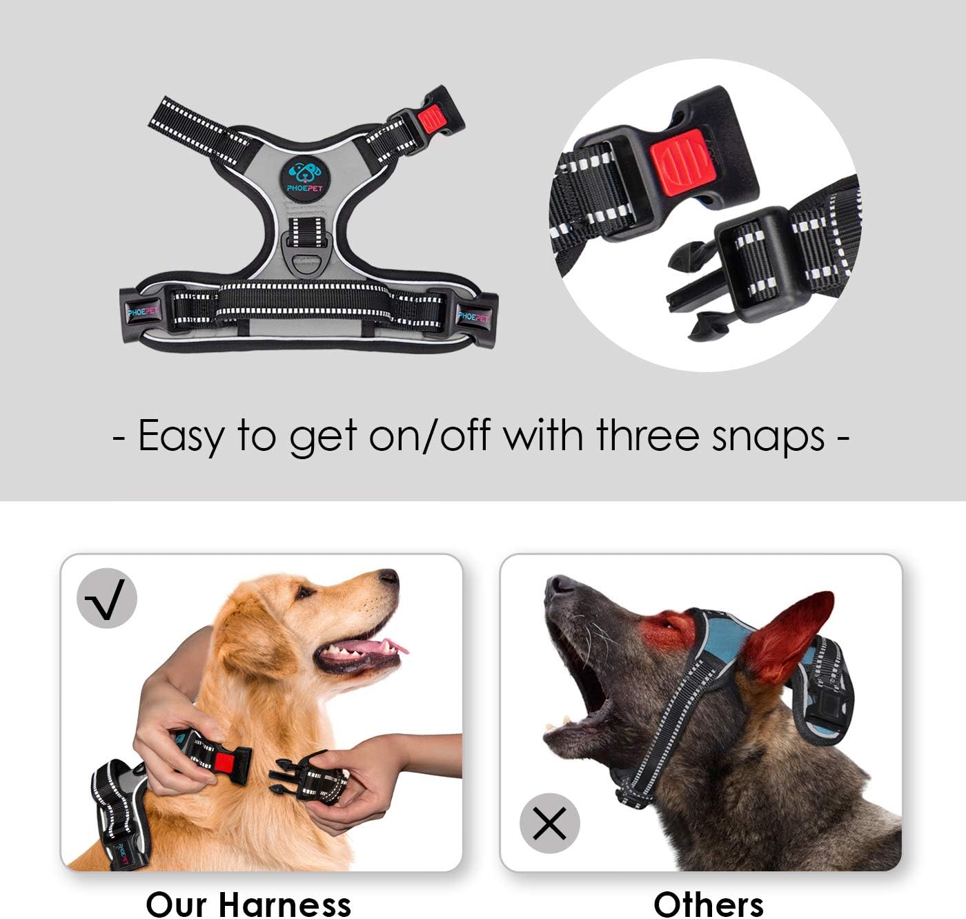 PHOEPET No Pull Dog Harness Medium 3M Reflective Front Clip Vest with Handle,Adjustable 2 Metal Rings 3 Buckles,[Easy to Put on & Take Off](S, Grey) image number 3