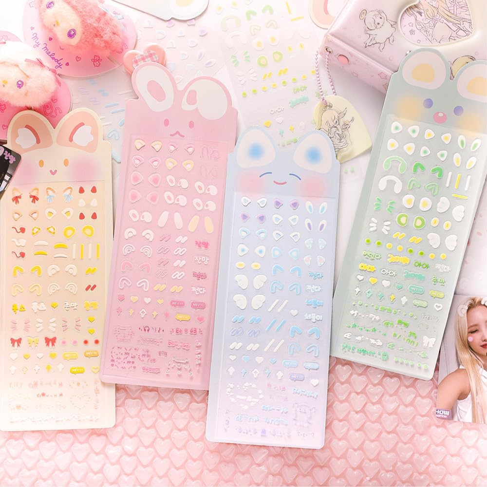 4Sheets Korean Deco Kpop Stickers for Photocards - Cute Kawaii Rabbit Bear Mouse Dog Ear Stickers - Sheets for Journal Scrapbook & Planner