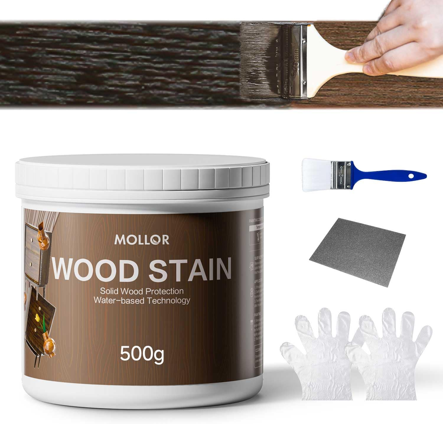 MOLLOR Wood Stain, 16 Oz Water Based Wood Stain and Sealer in One - No Priming, No Top Coat Required, Fast Drying|Low Odor|Non-Toxic, Perfect for Indoor and Outdoor Furniture (Black Walnut with Tools)