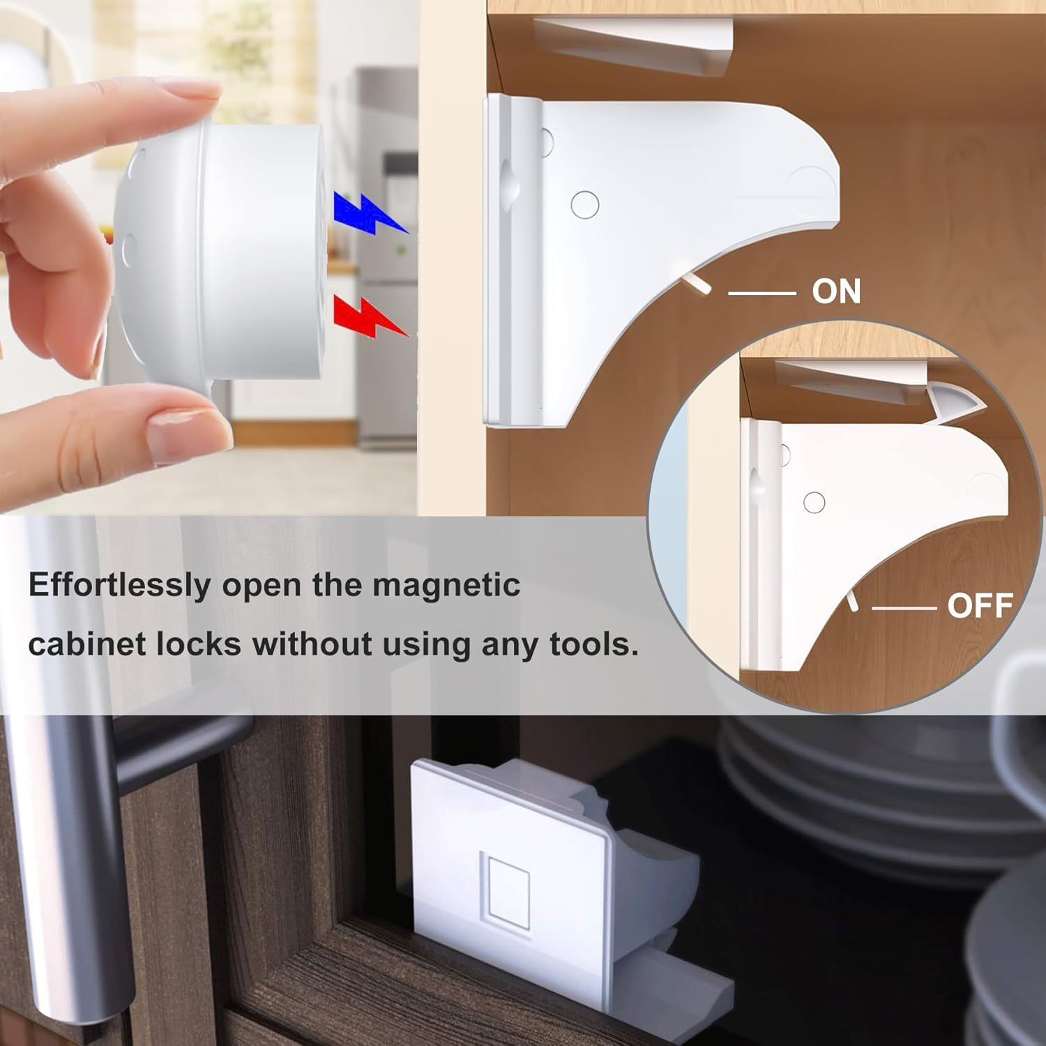 Magnetic Cabinet Locks for Universal Magnetic Safety Lock Key Replacements for Most Baby & Child Proof Cabinet & Drawer Locks, Cabinets,Drawers,Child Safety Locks (2 Locks + 1 Key) image number 5