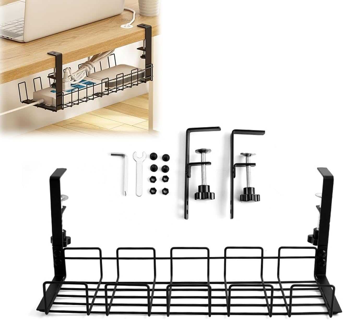 WEZCHUGHAOL under Desk Cable Management Tray, 16&rdquo; No Drill Cord Organizer with Clamps for Wire Management, 4Mm Sturdy Wire Desk Cable Organizer Tray, Cable Management Rack for Home & Office image number 6
