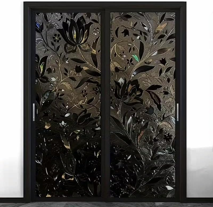 Total Blackout Tulip Frosted Window Privacy Film, Static Cling 100% UV Blocking Window Tint, Non-Adhesive Heat Control Black Out Window Covers for Home Bathroom Door Glass Decoration (Tulip, 90X200)