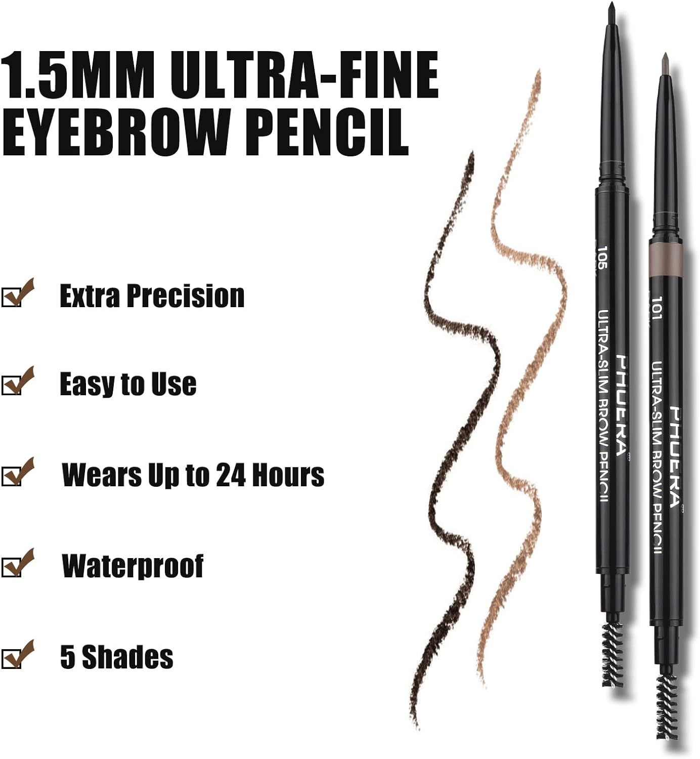 PHOERA Eyebrow Pencil - Natural Look, Black, Easy to Use, Long-Lasting, Waterproof, Precise Application, Vegan & Cruelty-Free (2PC 105, 0.16G) image number 4