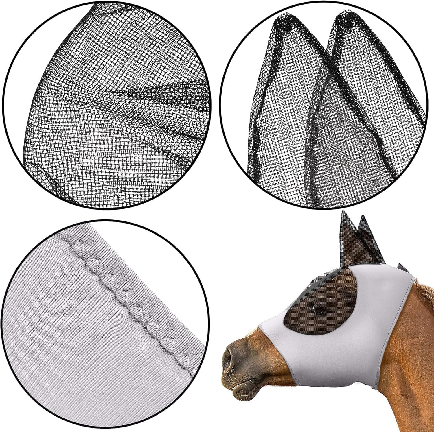 Horse Fly Mask with Ears - Breathable Mesh and UV Protection，Anti Insect Bite and UV Resistant Washable Face Mask (Grey, One Size) image number 2