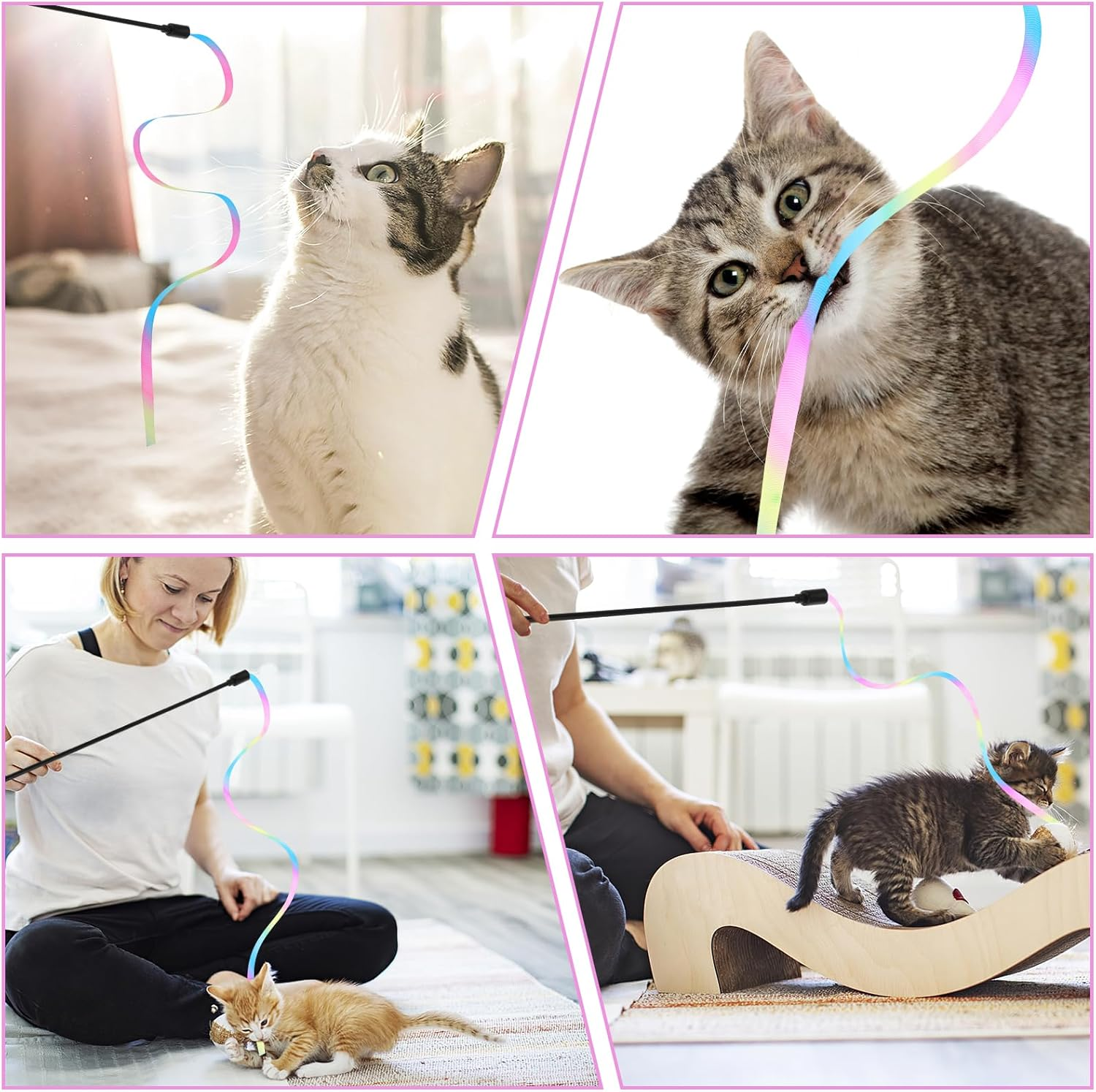 Bewudy Cat Wand Rainbow Toy, 3 Pieces 28 Cm Interactive Cat Wand with 60 Cm Rainbow Ribbon Cord Interactive Rainbow Band Wand for Kittens Cats Training image number 4