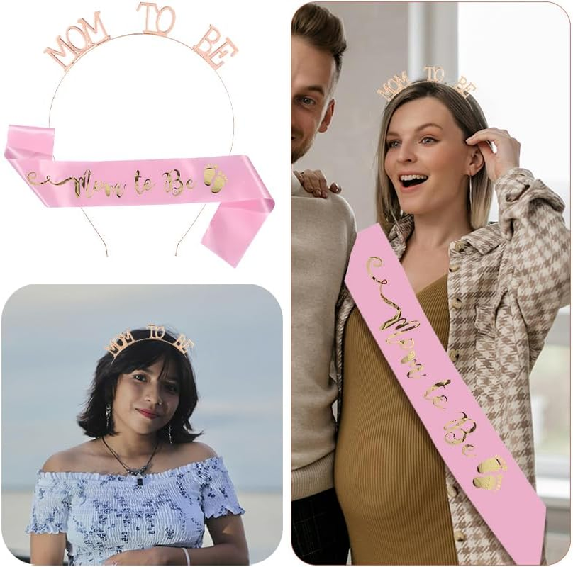Mom to Be Crown Baby Shower Sash for Mommy Mom to Be Headband and Sash Gender Reveal Decorations for Party Pregnancy Announcement Photo Props image number 1