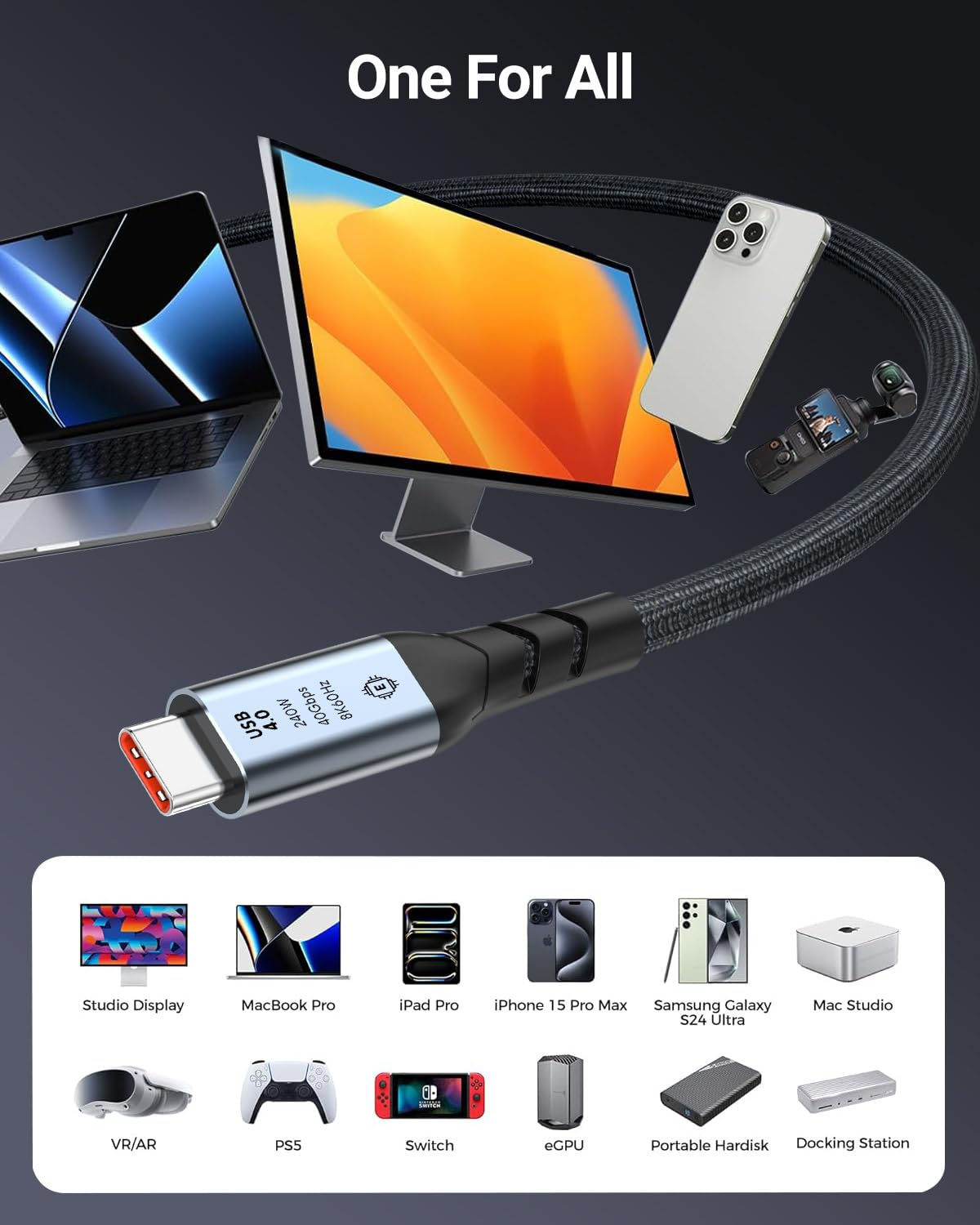 Azhizco USB 4 Cable for Thunderbolt 4 Cable 0.3M, 240W Fast Charging 40Gbps Data Sync, 8K/ 5K 60Hz Display Cable, Short USB C Cable Thunderbolt Cable for SSD Docking Hub Macbook Ipad Iphone 17 Pro Max