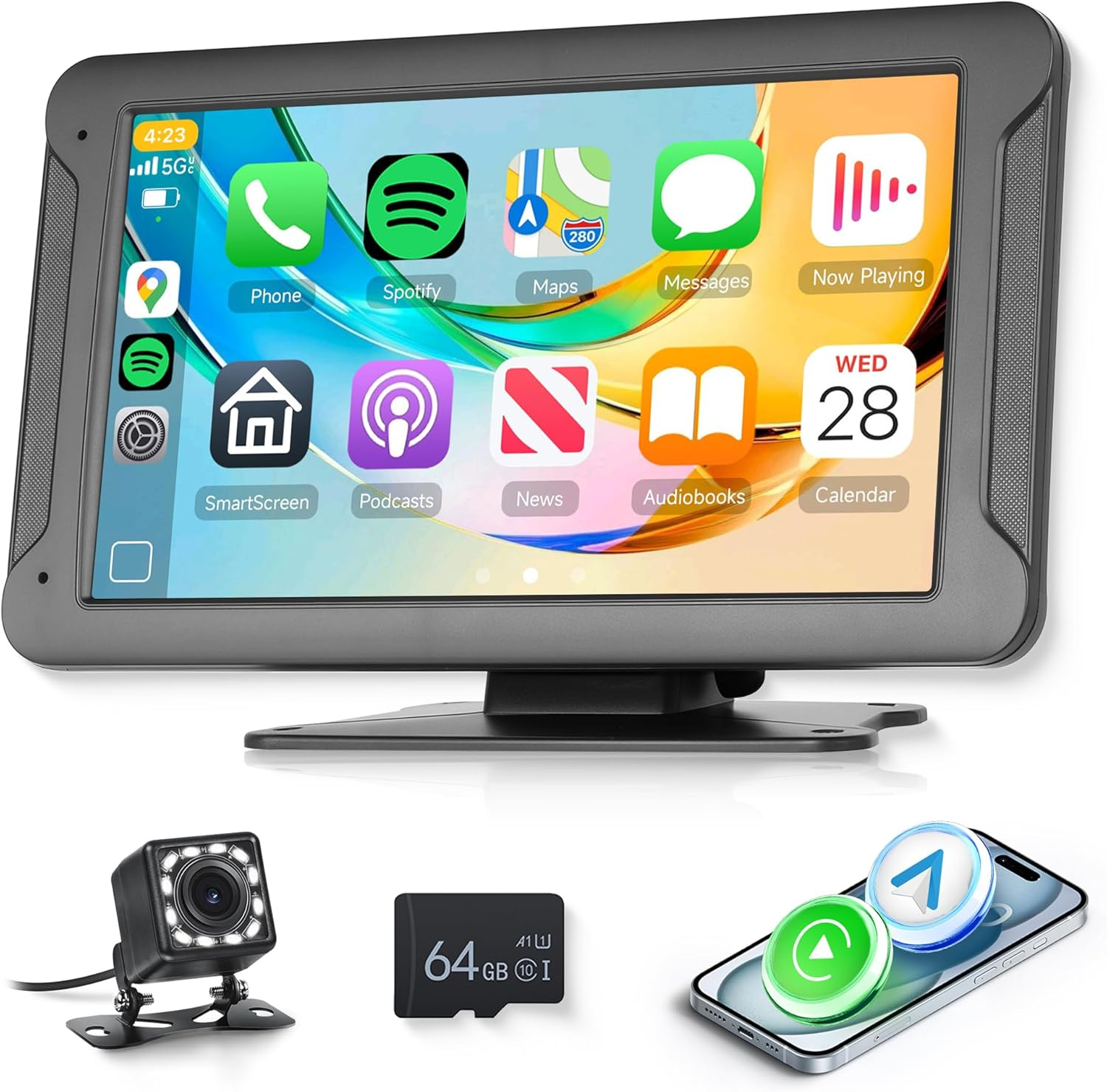 Rimoody 7 Inch Wireless Carplay Screen with Backup Camera Car Radio Portable Carplay Wireless Android Auto Screen Touch Screen Bluetooth FM Transmitter Airplay EQ TF Card Voice Control