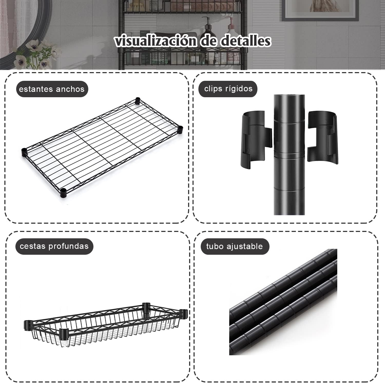 Fuyoula 3 Tier over the Toilet Storage Rack Bathroom Storage Shelf Space Saver Stand above Toilet Wire Shelves Metal Bathroom Organizer Shelf with Adjustable Shelves and Baskets (White) - Black image number 6