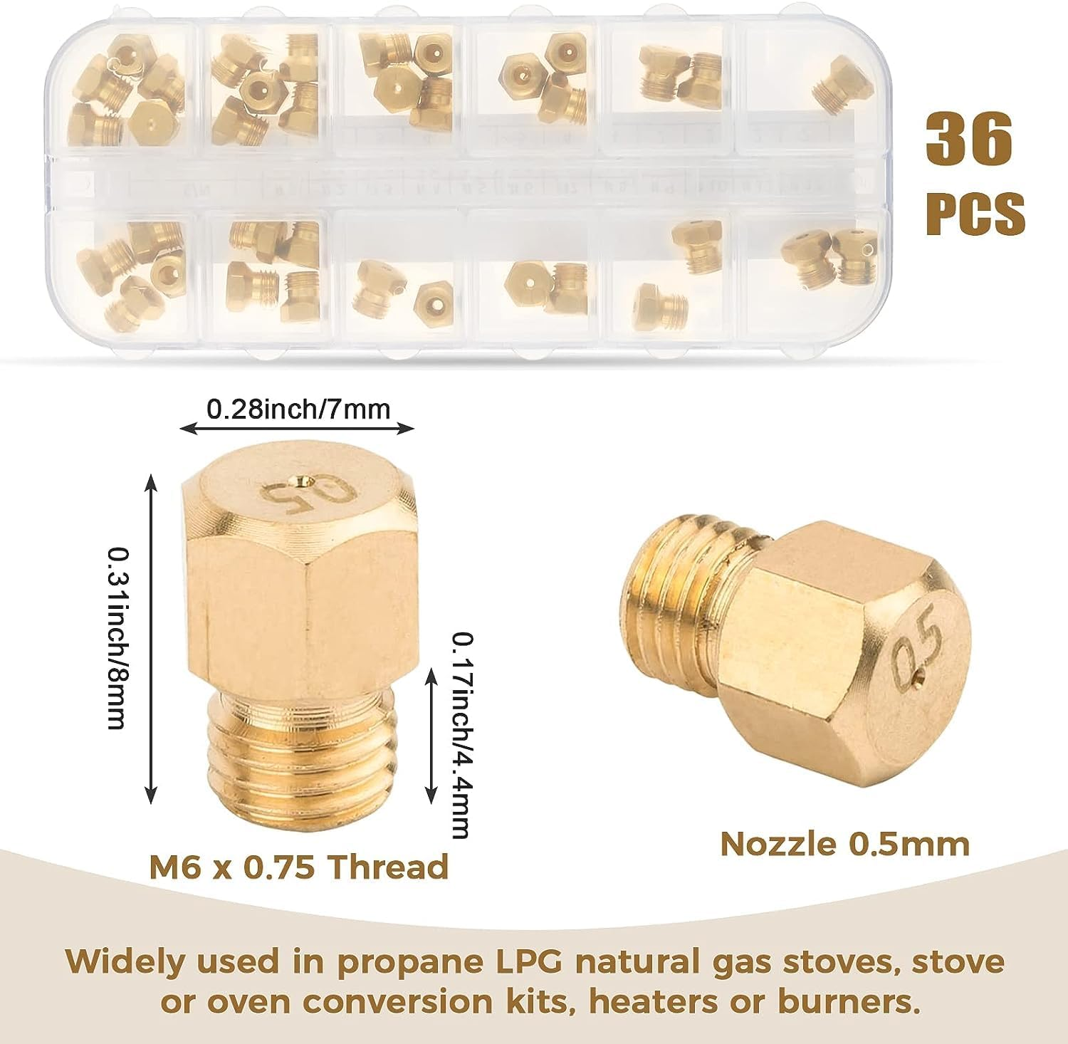 Mtsooning Range Stove Oven Orifice Conversion Kit, Propane Lp Natural Gas Brass Jet Burner Nozzle Replacement Parts M6X0.75 Mm Gas Spray Tip 0.3/0.4/0/7/0.8/0.9/1.0/1.1/1.2/1.5/1.7/1.9Mm, 36PCS image number 2