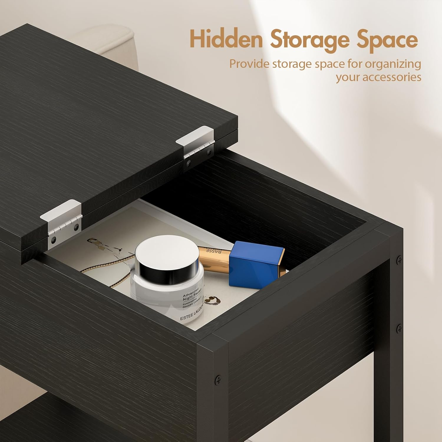 Advwin Sofa Side Table with Charging Station Narrow Flip Top Bedside End Table with AC Outlets and USB Ports Small Night Stand with Open Shelf for Livingroom Bedroom Office Study, Black - Black image number 4