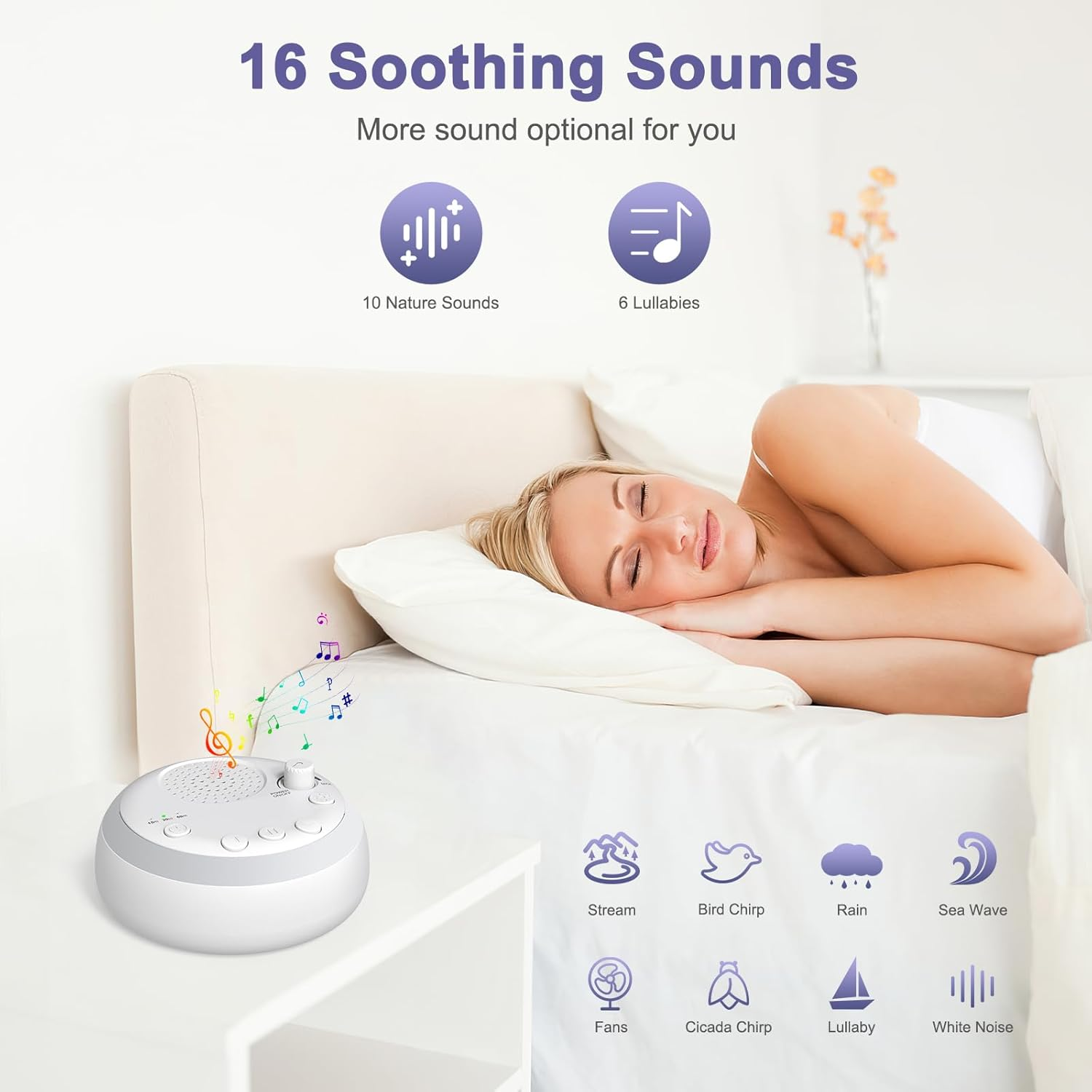 OQIMAX Portable White Noise Machine with Night Light, Rechargeable Sound Machine with 16 Soothing Sounds, Volume Adjustment, Timer & Memory Function, Sleeping Sound Machine for Home Office Travel image number 5
