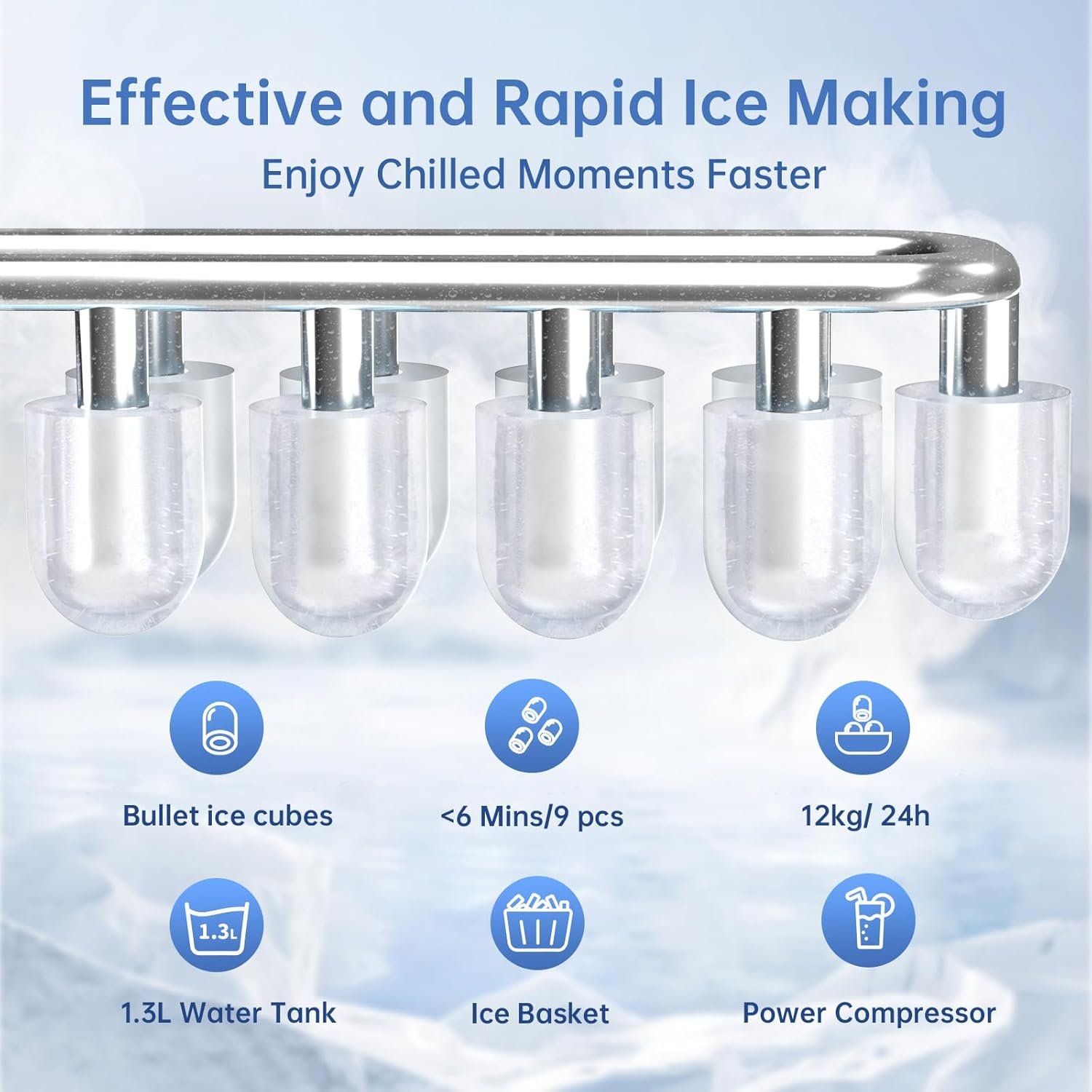 WIE Ice Maker Portable Ice Machine 12Kg/24H with Self-Cleaning, 9 Ice Cubes 2 Sizes Ready in 6 Mins, Ice Maker with Handle, Quiet with Basket and Scoop, 1.3L Water Tank for Home,Kitchen,Office,Camping image number 2