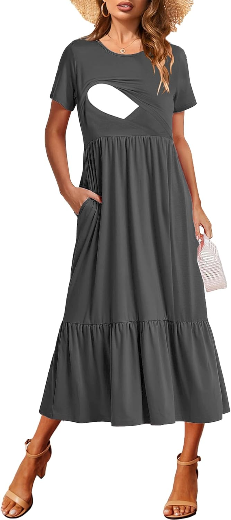 Women Nursing Short Sleeve Crew Neck Fall Dress Maternity Flowy Maxi Dresses Tiered Cocktail Dress with Pockets image number 4