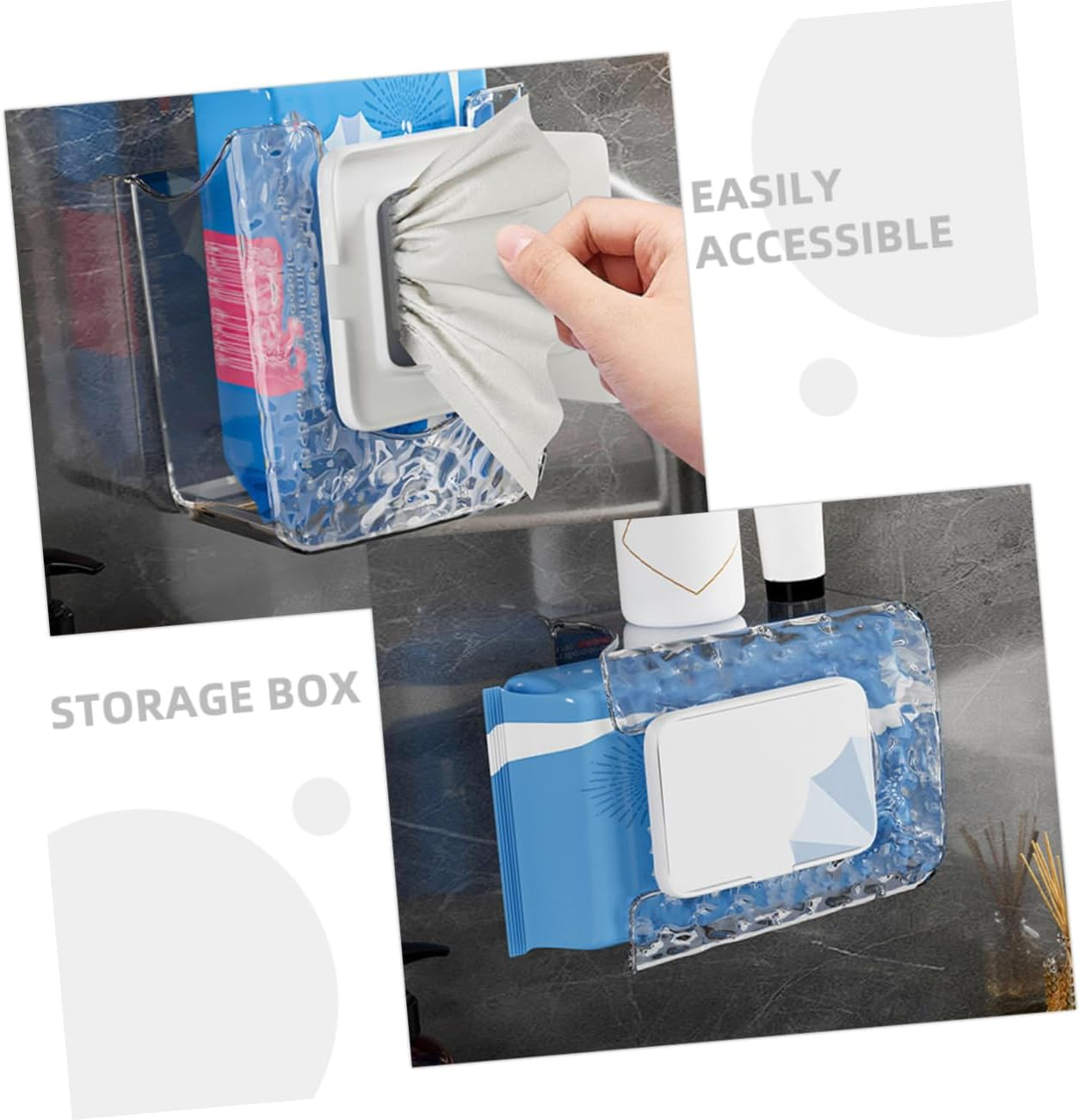 Wall Mounted Wipes Holder Tissue Storage Box for Bathroom Kitchen, Wave Texture White and Grey, 2Pcs Tissue Dispenser Box for Wet Wipes and Face Towels image number 1