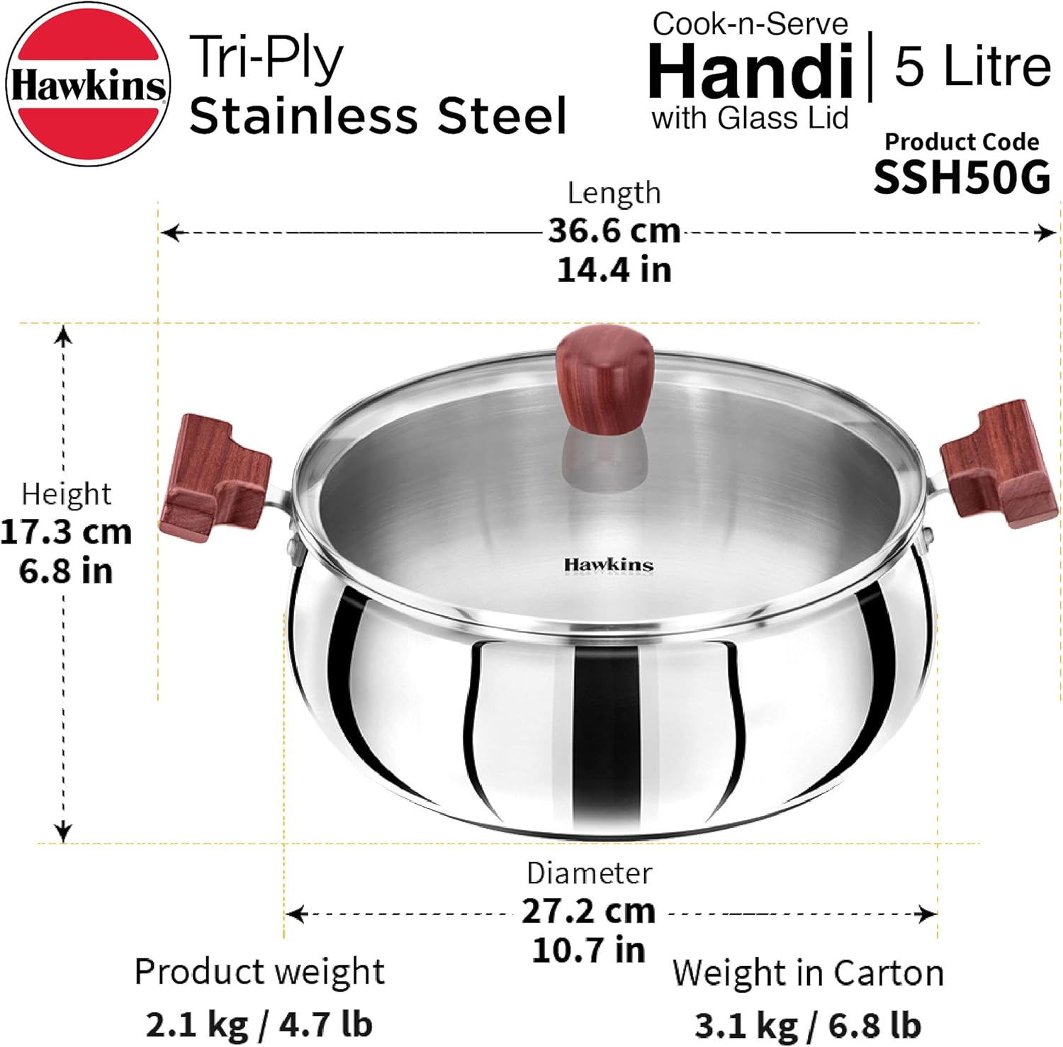Hawkins Futura Steel Cook N Serve Handi with Glass Lid, 5.0 Litre Capacity image number 2