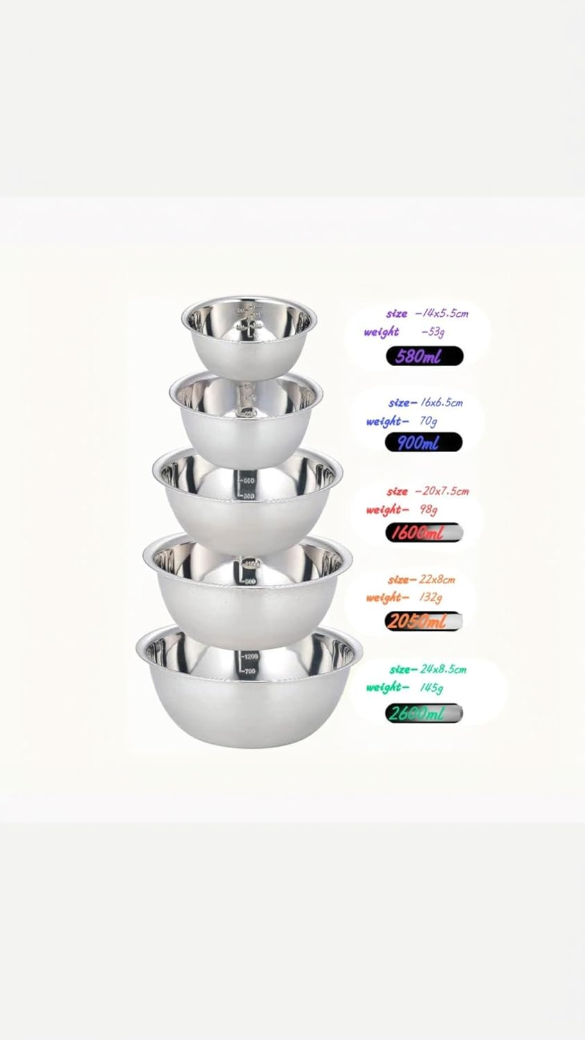 5-Piece Stainless Steel Mixing Bowl Set, Premium Nesting Design for Space-Saving Storage, Easy-Grip Handles, for Cooking, Baking, and Food Prep, Durable Metal Bowls