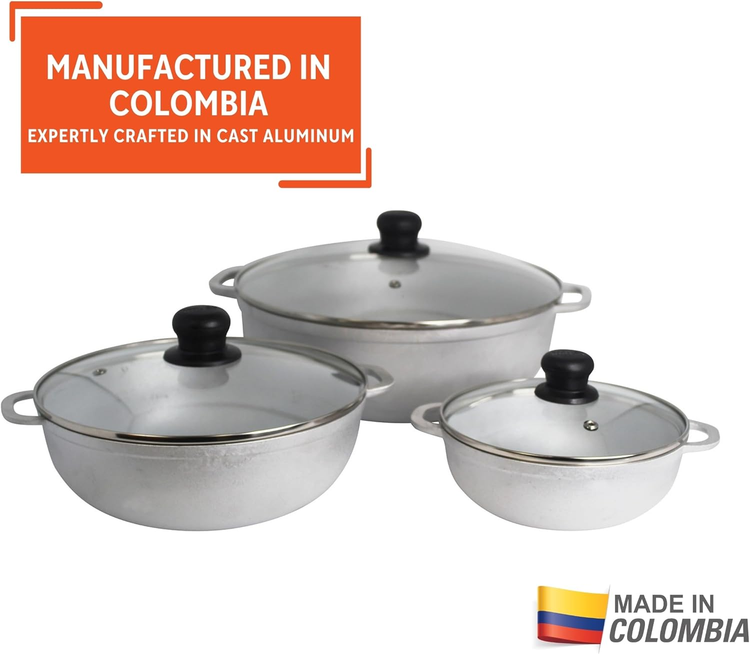 IMUSA Traditional Colombian Natural Caldero Glass Lid 1.4/3.4/6.6 Quart Silver