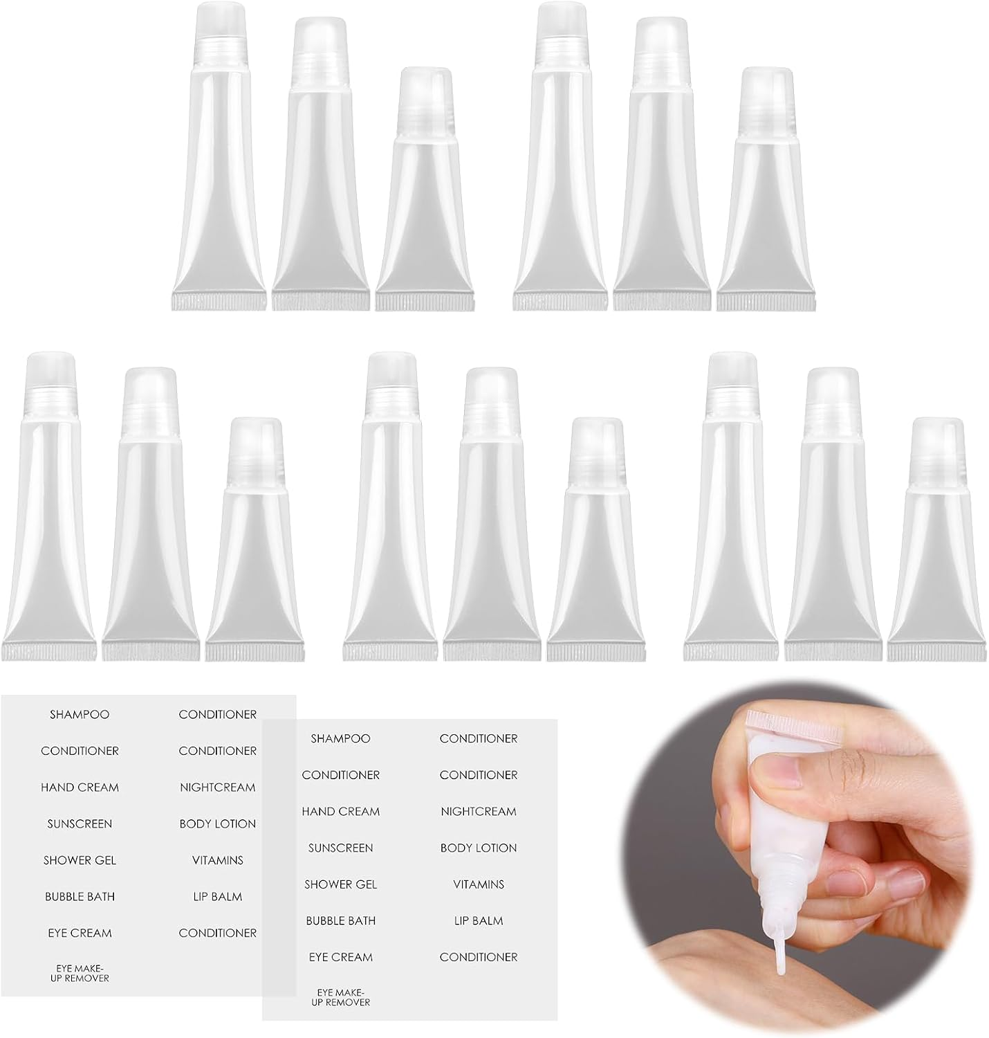 Ozessence 15 Pack Refillable Lip Gloss Tubes, 5G/10G/15G Mini Travel Lip Balm Containers, Bonus Labels Leakproof Portable Toiletry Jars for Creams, Lotions & Cosmetics image number 5