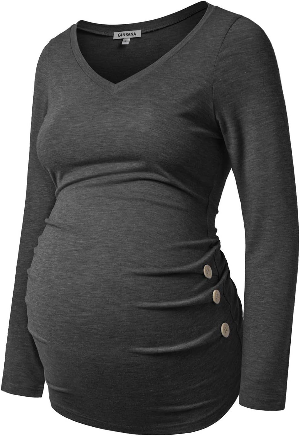 GINKANA Maternity Shirt Long Sleeve Basic Top Ruch Sides Buttons Tshirt for Pregnant