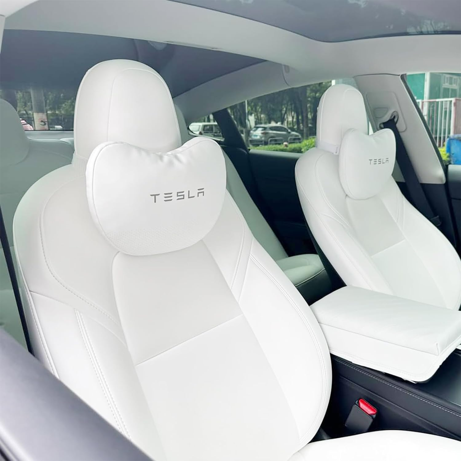 Car Neck Pillow for Tesla Model Y/3/S/X Seat Headrest Pillow Comfy Leather Breathable Head Rest Neck Support Cushion for Neck Pain Relief and Cervical Support (White)