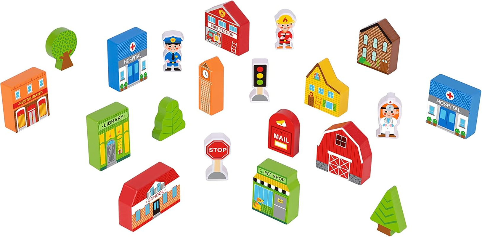 Tooky Toy Town Play Set in Wooden Case: Wooden Town Building and Figurines Pretend Play City Set image number 5