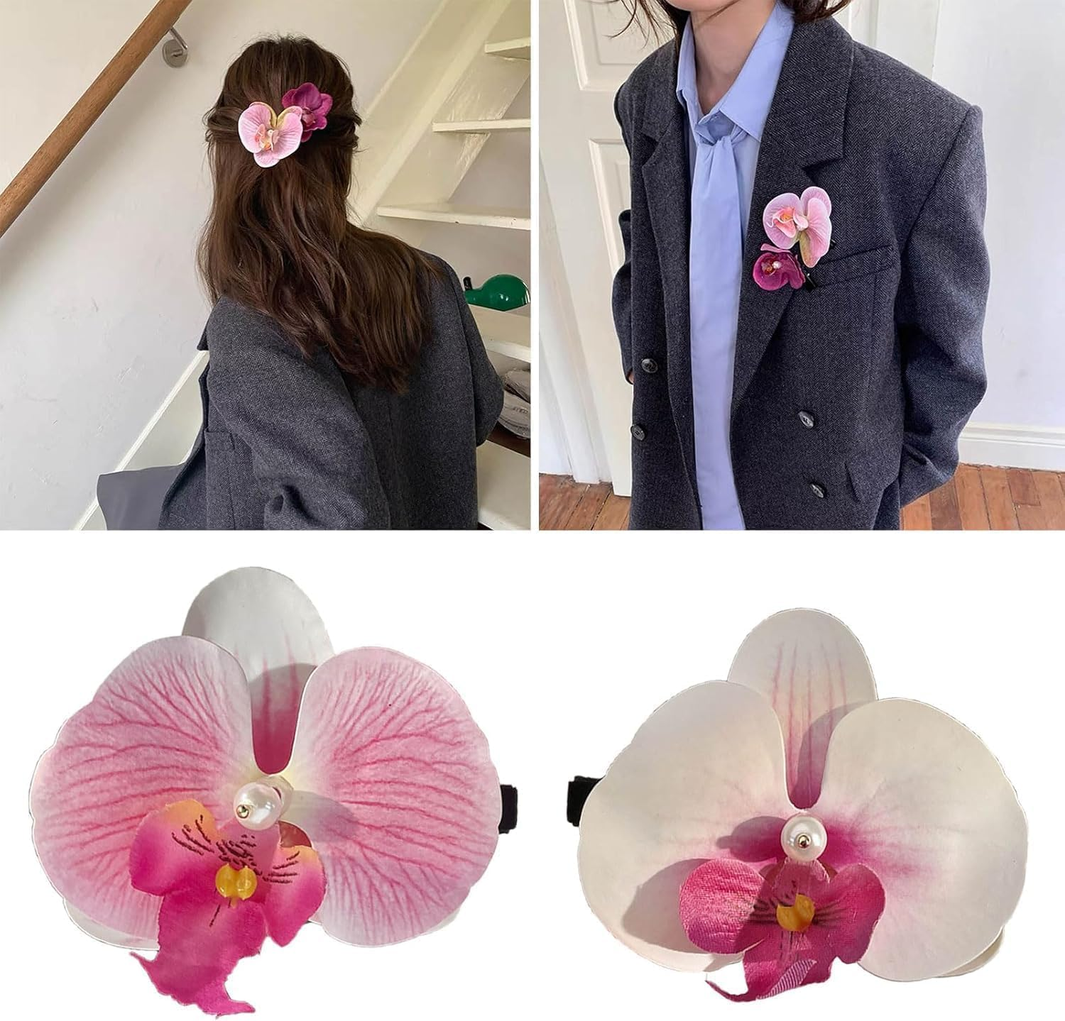 2Pcs Pink Floral Hairpin Orchids Women Girls Flower Hair Clip Elegant Bohemias Bridals Hair Decorations Stage Hair Clip Hair Pins Hair Styling Accessories image number 3