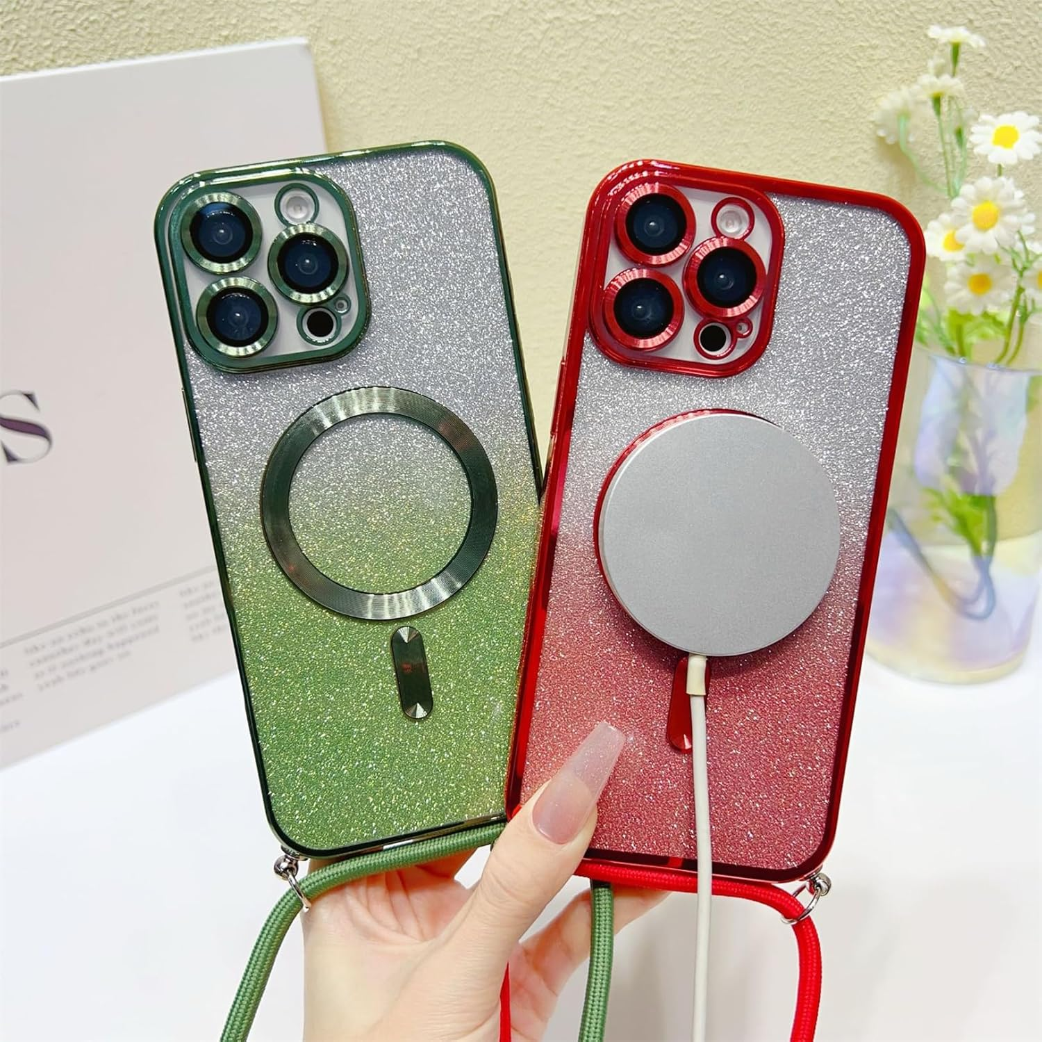 Emlivi Magnetic Mobile Phone Chain Case for Iphone 15 Pro Max, Magnetic Necklace Mobile Phone Case, Glitter, Transparent TPU Case with Cord, Adjustable Lanyard, Protective Case for Iphone 15 Pro Max image number 2