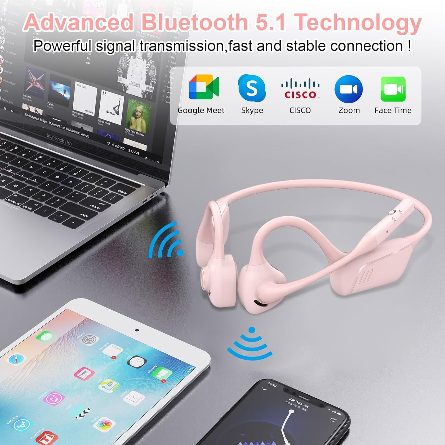 ZIOCOM Open Ear Headphones with Mic, Aptx-Ll Wireless Headset Mute Button, for Driving, Phone Call, Office-Not Bone Conduction(Pink) image number 4