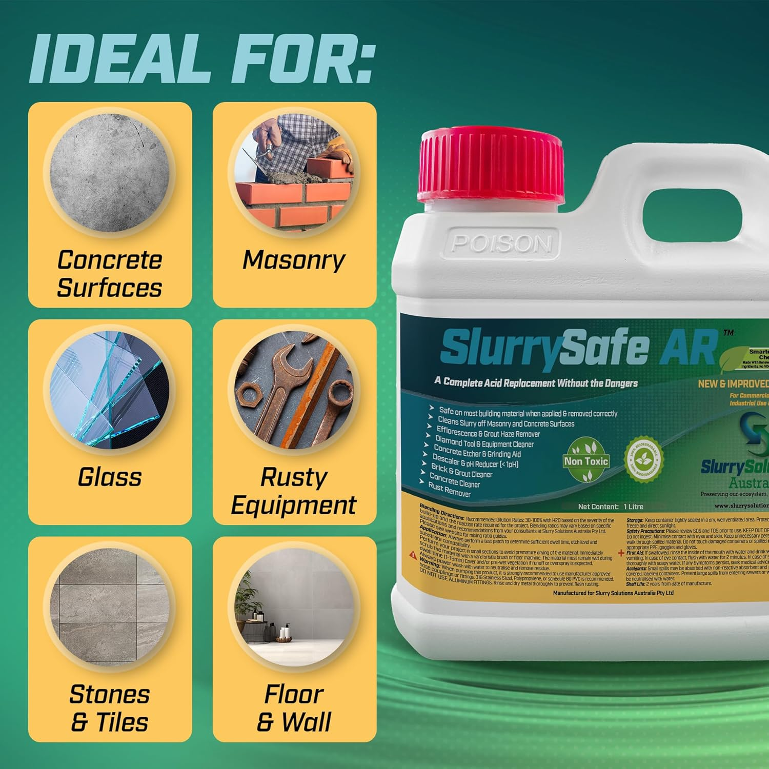 Slurry Solutions Acid Replacement Cleaner Concentrate - Tile, Stone, Brick & Grout Cleaner & Rust Remover - Non Toxic & Odorless Multi Surface Cleaner & Concrete Etcher - 1 Litre image number 2