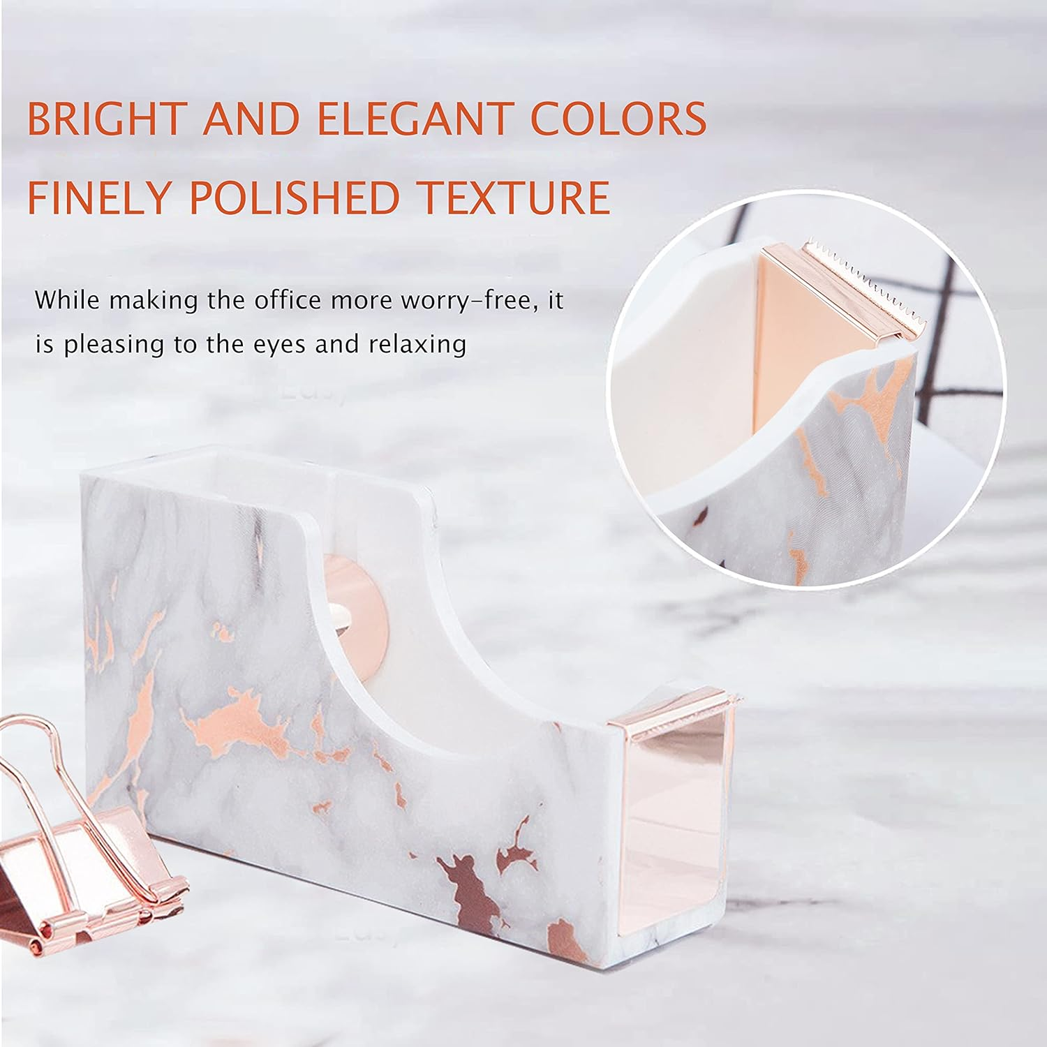 Famassi Rose Gold Marble Desk Accessories, Office Supplies Set Stapler Set Staple Remover, Tape Holder, Pen Holder, 2 Ballpoint Pen, Scissor, Binder Clips, Paper Clips and 1000Pcs Staples - Rose Gold image number 3