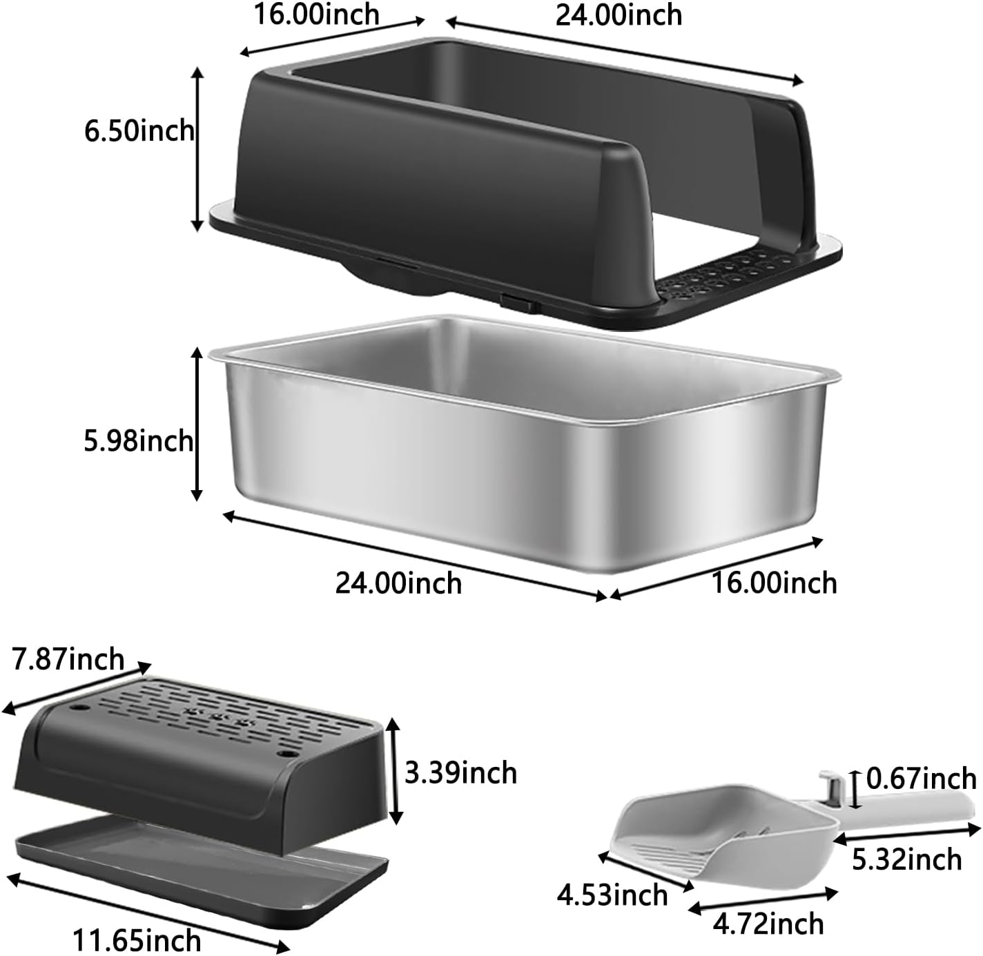 Menbyci Stainless Steel Cat Litter Box with Lid Footboard,Metal Extra Large Litter Box Self Cleaning,High Side Enclosure Cat Litter Tray for Big Kitty,Cat Scooper for Litter Boxes,24X16X12In (Black) image number 5