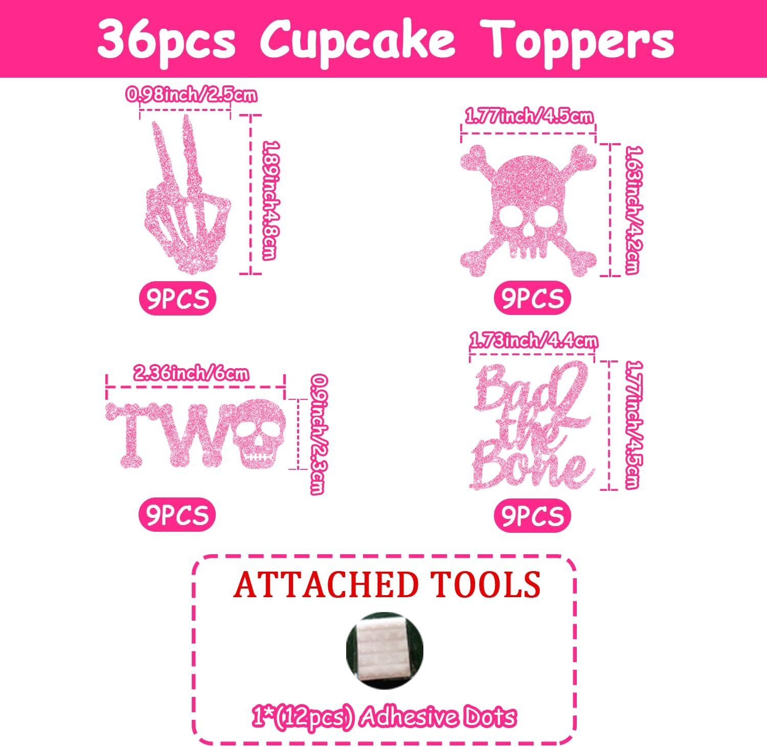 Bad Two the Bone Cake Toppers 36PCS Pink Gold Glitter Rock N Roll 2Nd Cake Toppers Bone Skull Birthday Cake Decorations Rock Music Theme Cake Decorations for Girls 2Nd Bday Party Supplies image number 4